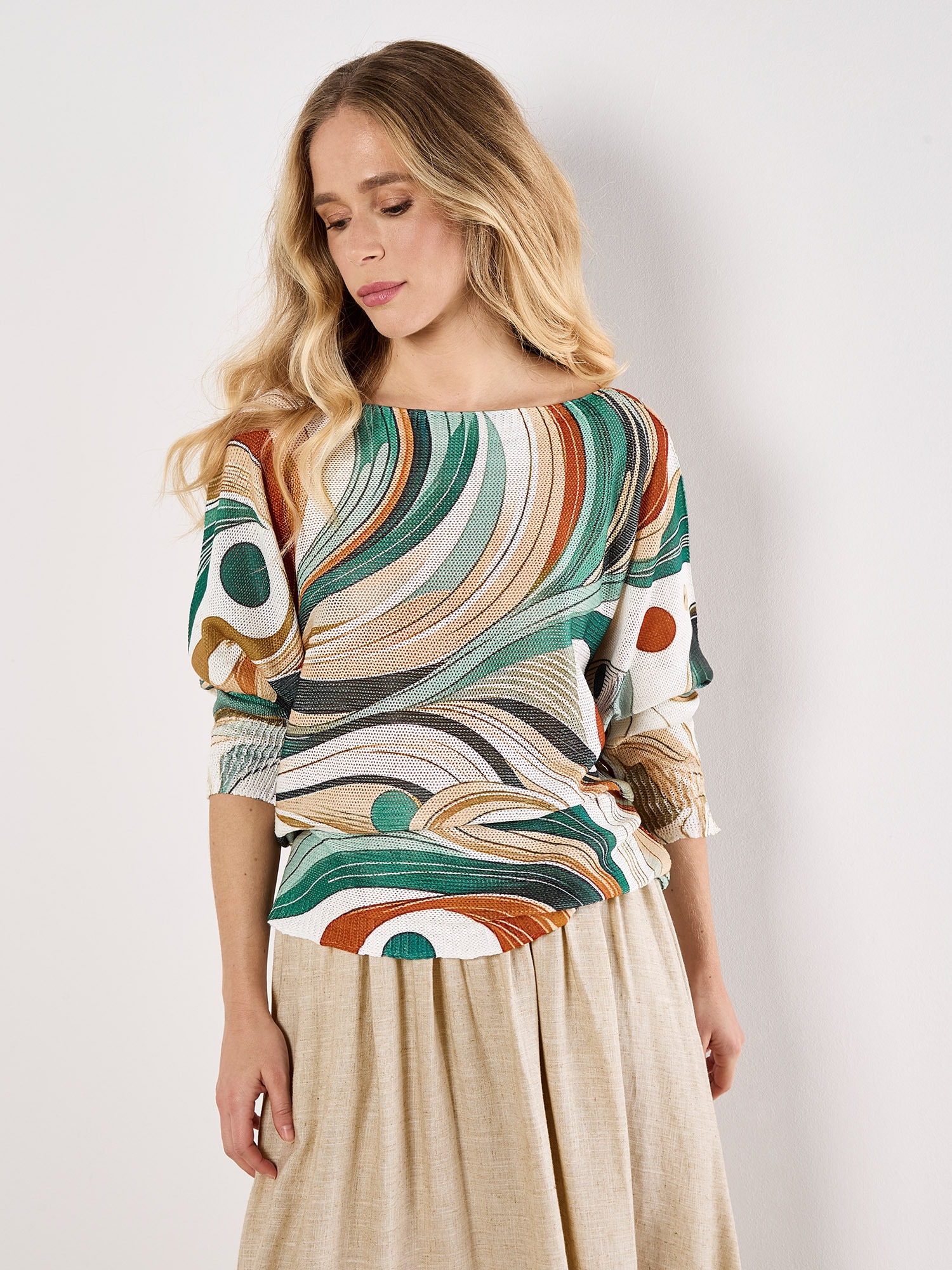 Apricot Blusentop »Schimmerndes Stricktop mit Swirl-Print« mit Fledermausärmeln