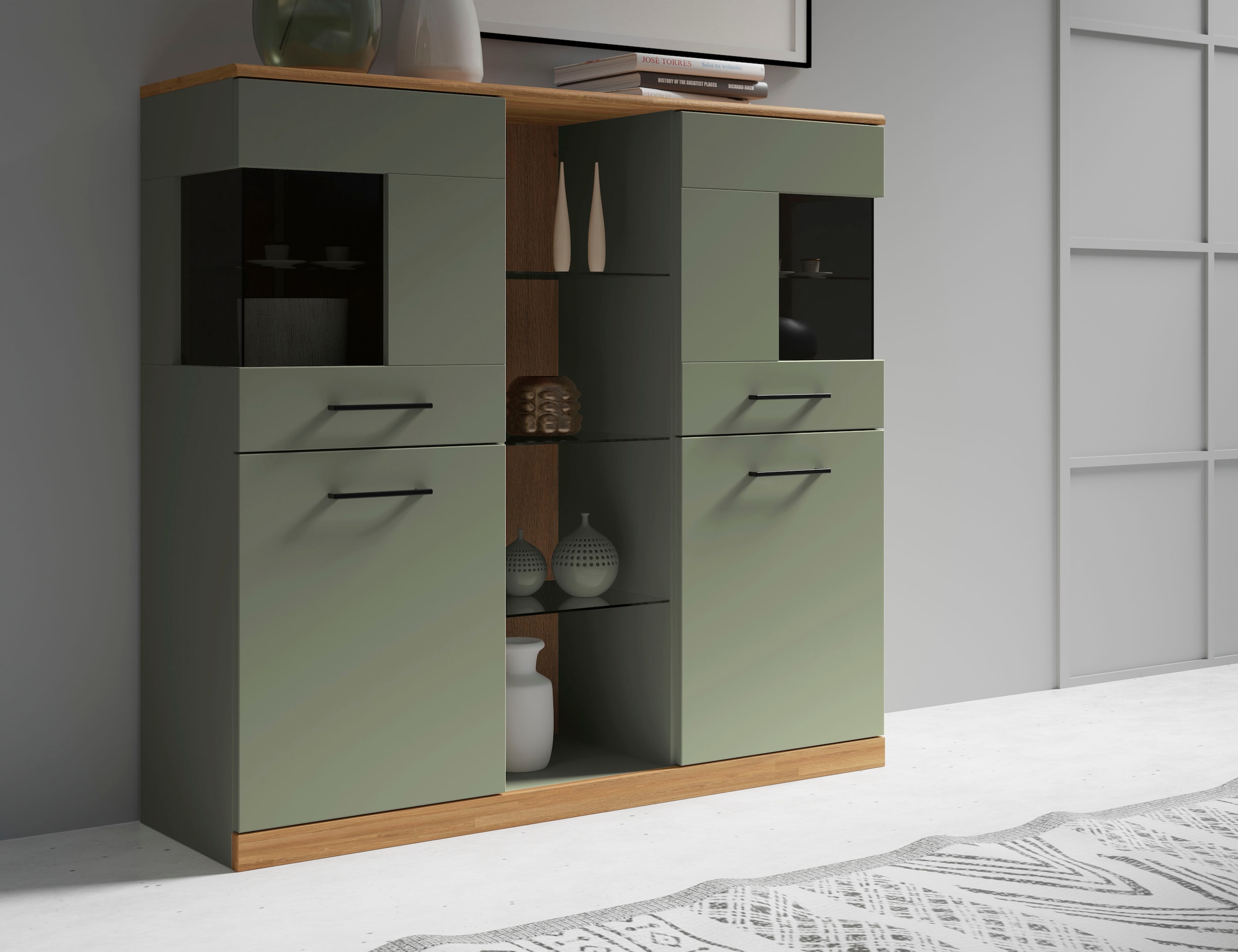 Home affaire Highboard "Ribe,120cm breit,112cm hoch,Oberplatte massiv,12 Fä günstig online kaufen