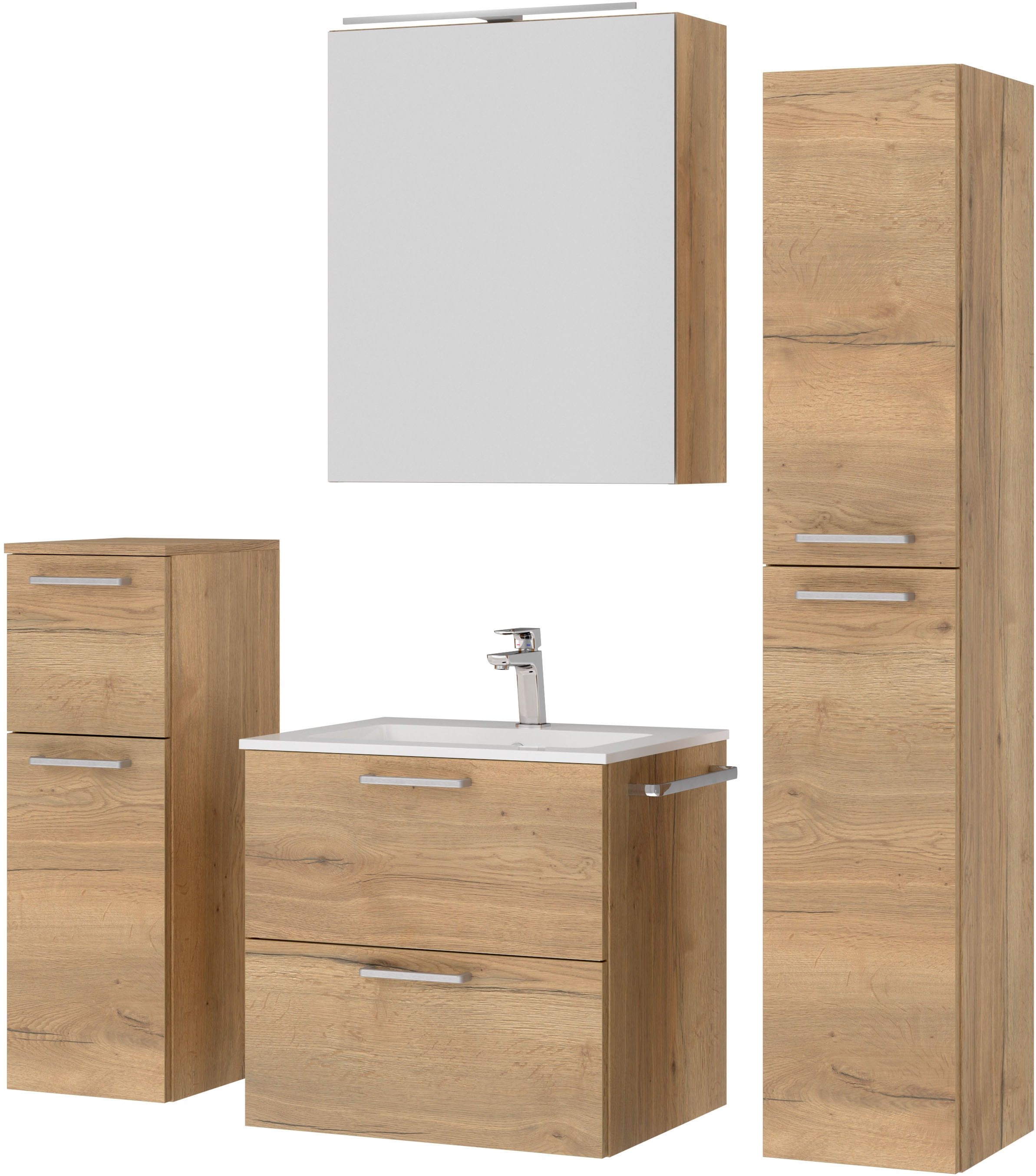 nobilia® Badmöbel-Set »Tolvina«, (4 St., vormontiert, mit Soft-Close), inkl. Spiegelschrank mit Beleuchtung und Dimmerfunktion, in 4 Breiten
