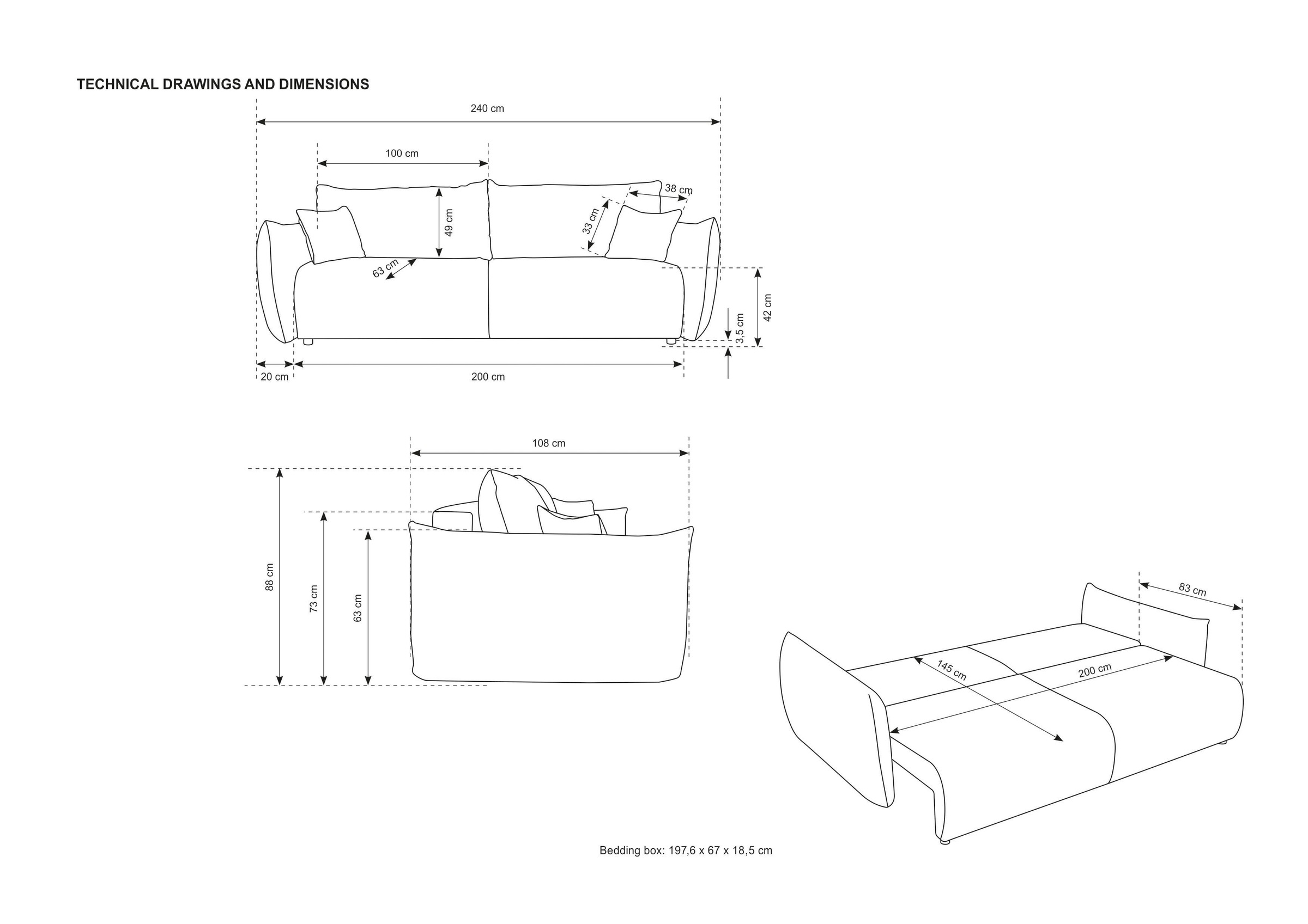andas 3-Sitzer »MAVAS Schlafsofa mit Bettkasten«, ca.240/108cm (Liegefläche 212/145 cm), Cord, Chenille, Struktur