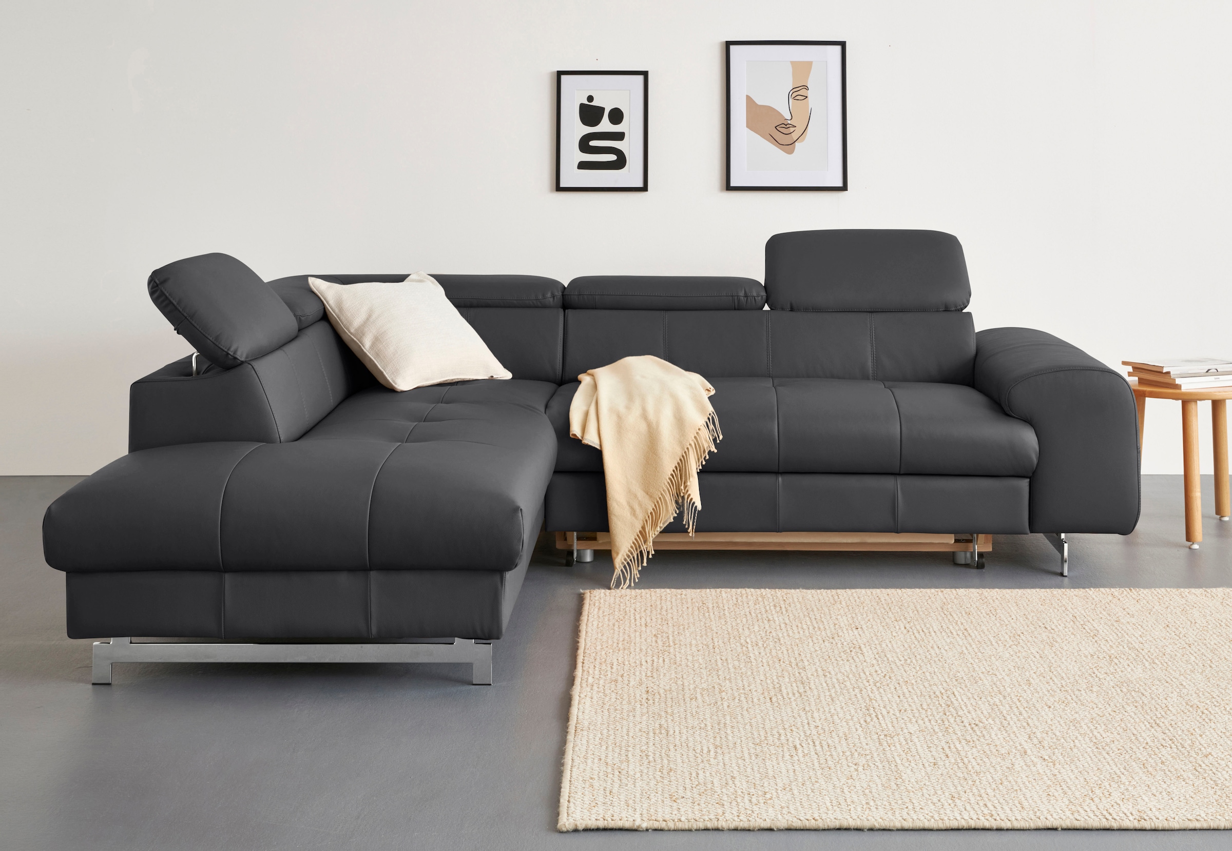 COTTA Ecksofa "Chef bequem, tolle Verarbeitungsdetails, Breite 262cm, L-Form" mit Kopfteilverstellung, edle Metallkufen, optional Schlaffunktion