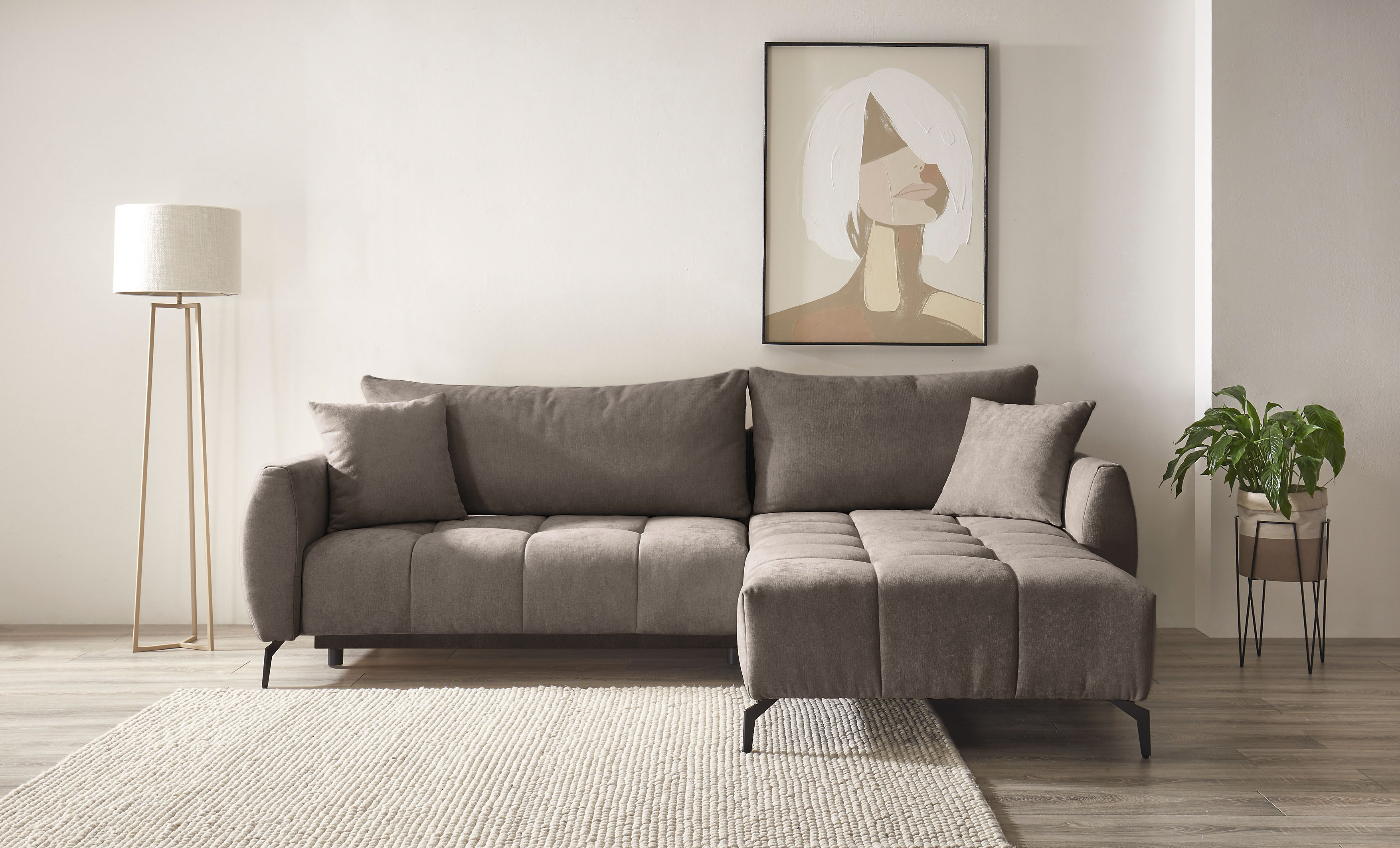 OTTO home Ecksofa "JINNIE Chenille, L-Form, Polsterecke m. Schlaffunktion" Recamiere links/rechts montierbar, als Webstoff oder Chenille-Stoff
