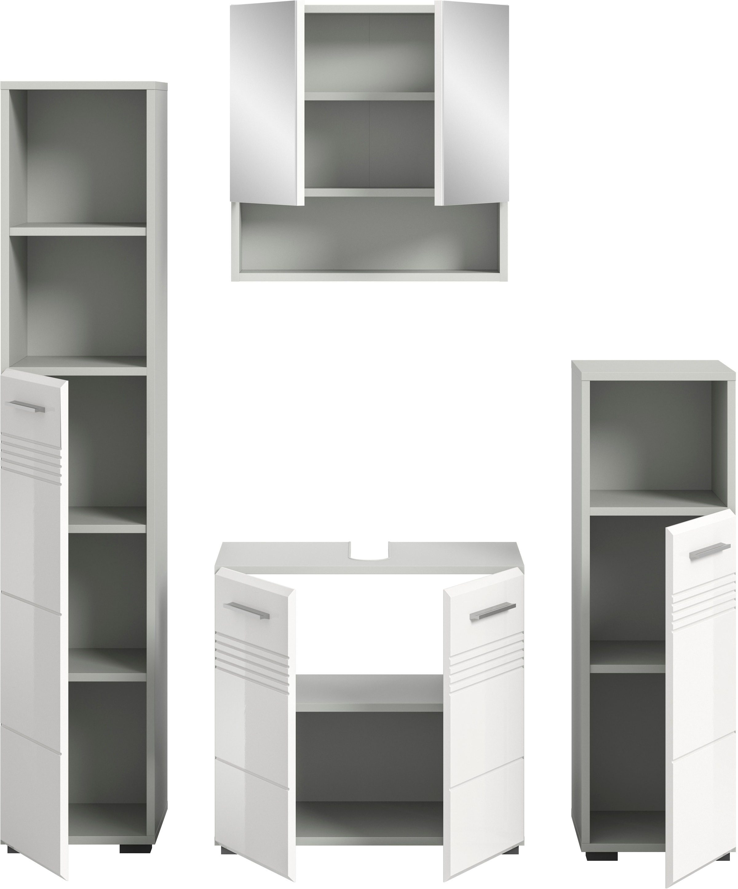 welltime Badmöbel-Set »Calicio, bestehend aus: Hochschrank, Waschbeckenunterschrank,«, (4 St.), Spiegelschrank, Unterschrank, hochwertige MDF Front mit Rillenfräsung