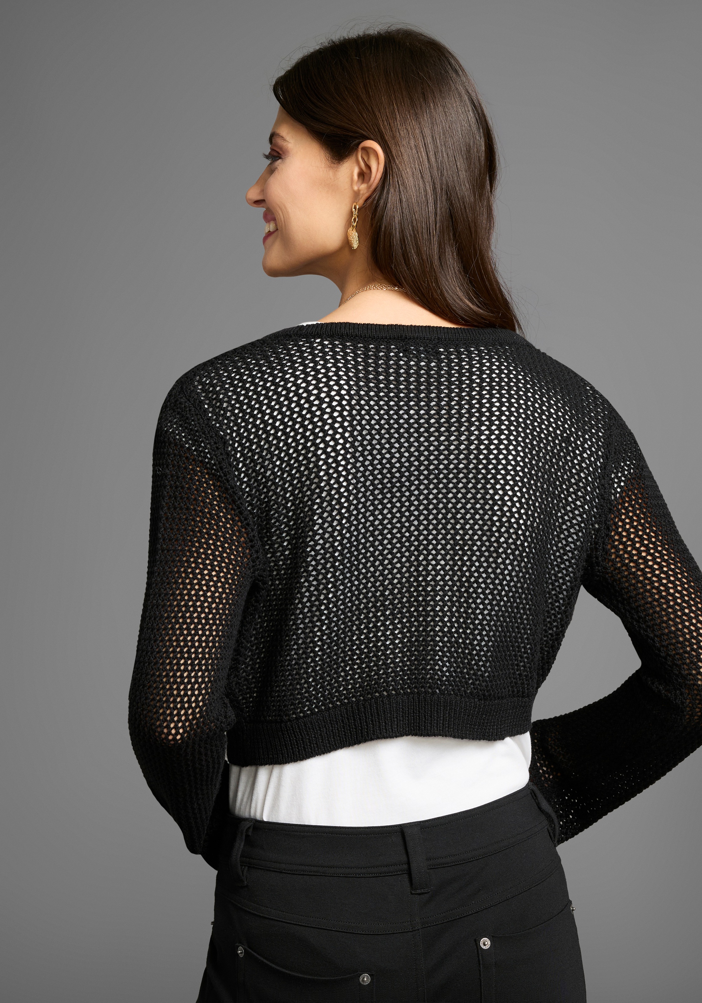 Laura Scott Ajourstrickjacke in Netzstrickoptik in Bolero-Länge günstig online kaufen