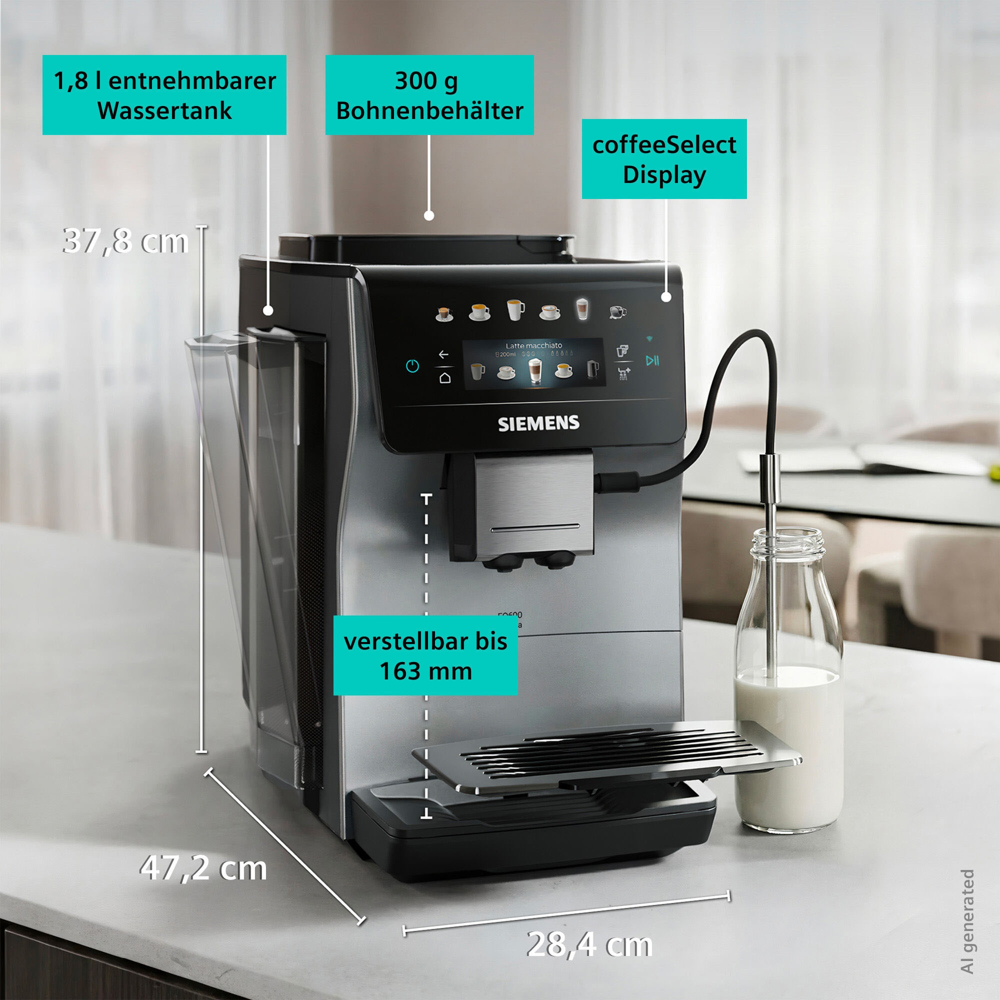 SIEMENS Kaffeevollautomat »EQ600 TP603E07, 6 Getränke, XL-Getränke, bis zu 480ml, Keramikmahlwerk« Doppeltassenfunktion, Kannenfunktion, entnehmbare Brüheinheit, Silber