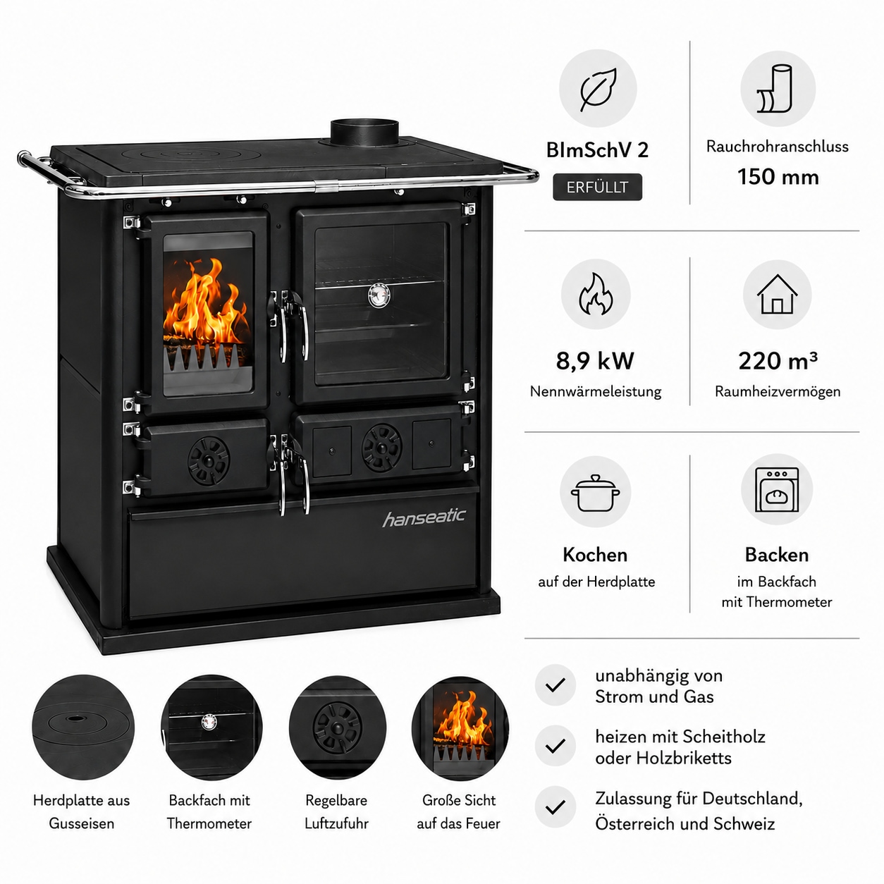 Hanseatic Festbrennstoffherd »Cook Premium Pure Black, Exklusiv, Lieferung bis in die Küche« Küchenofen, Ofenherd zum Heizen, Kochen & Backen