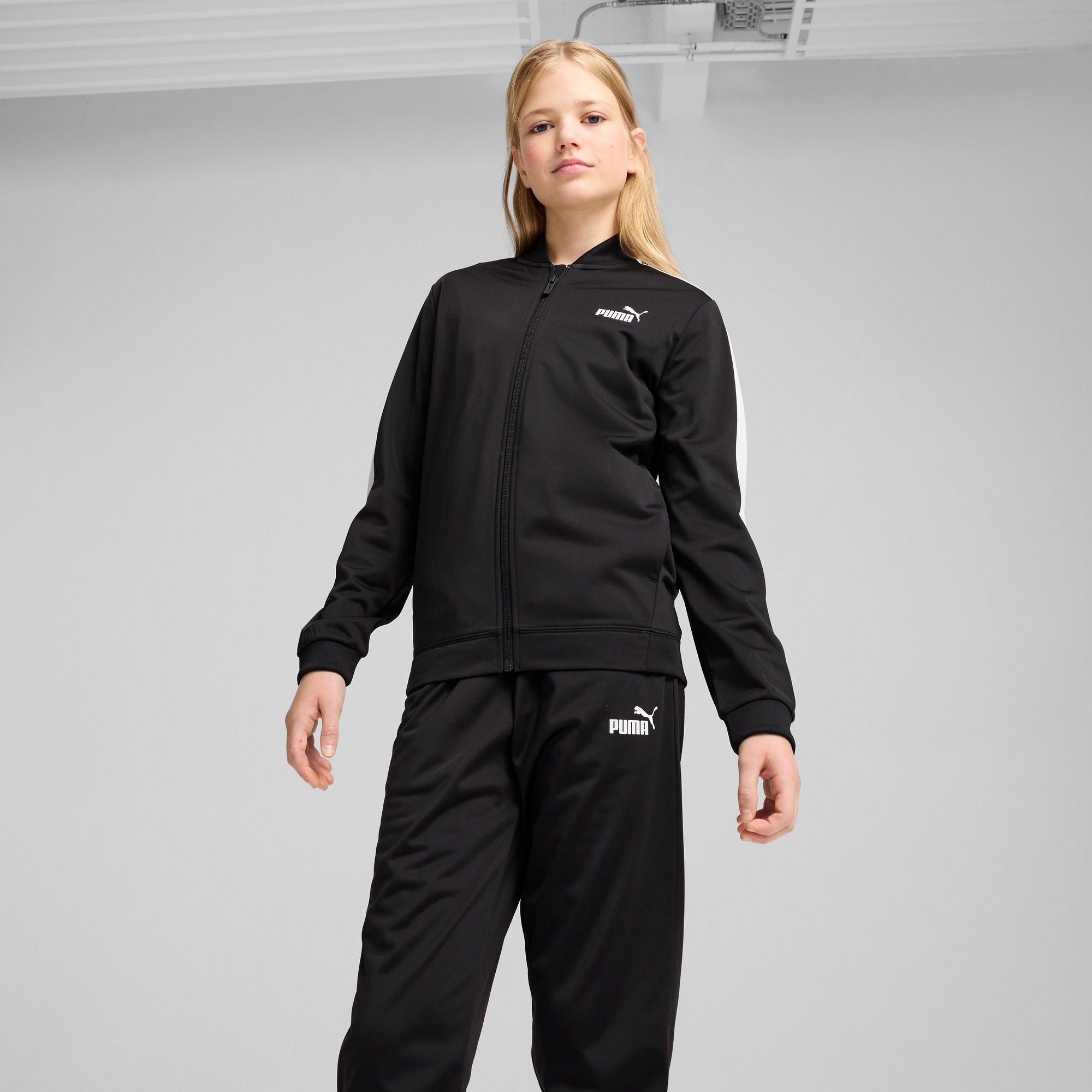 PUMA Mädchen Trainingsanzug "POLY BASEBALL SUIT G", schwarz, Gr. 140, unifarben, Trikot, Obermaterial: 100% Polyester, Sportanzüge, zweiteiliges Set,