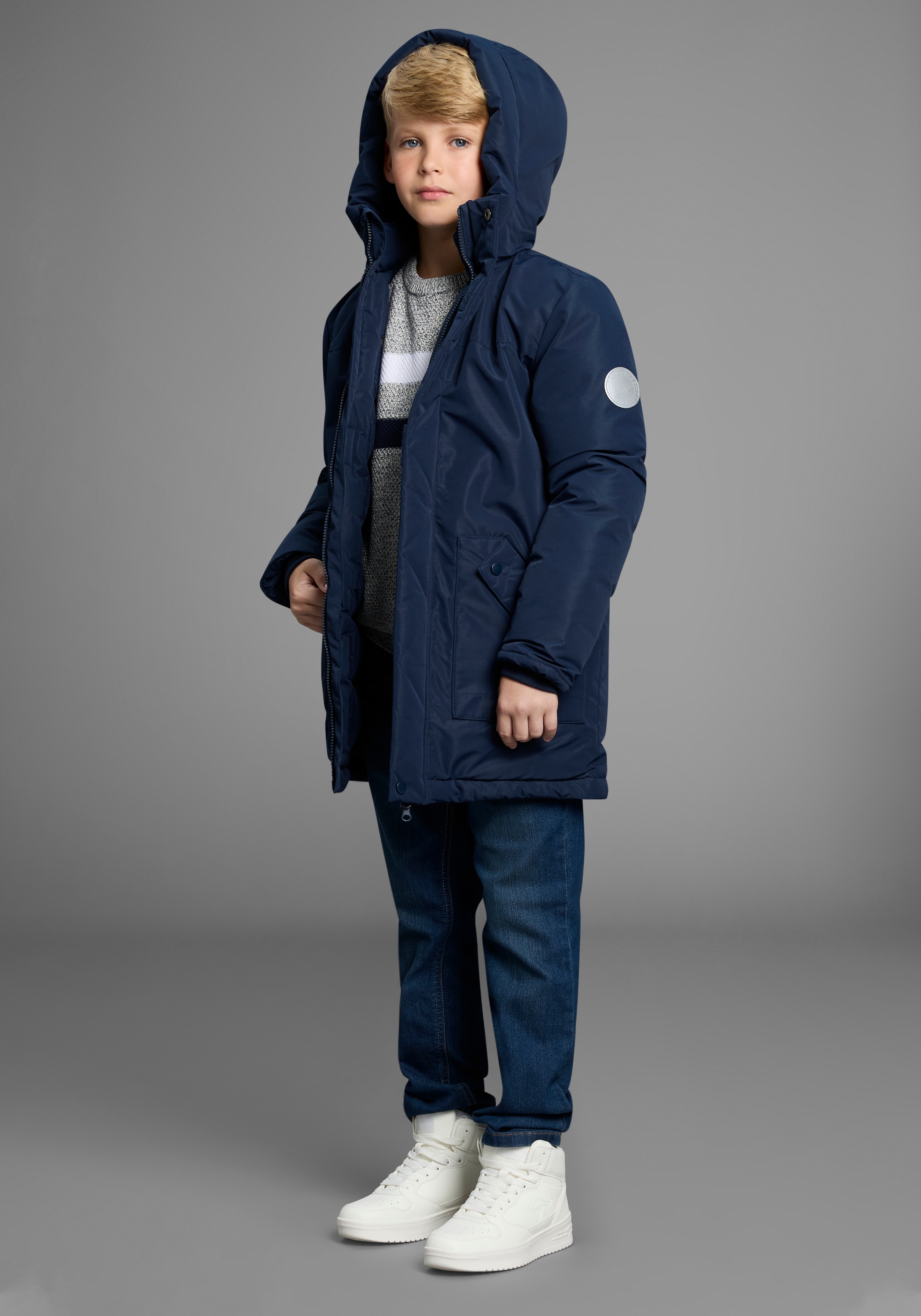 KangaROOS Outdoorjacke »Winterwarme Jacke«, mit Kapuze, Lange Winterjacke mit reflektierenden Details
