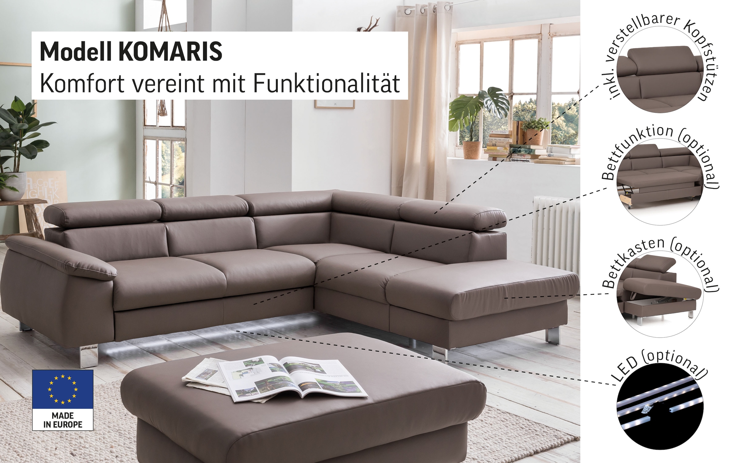 COTTA Ecksofa "Komaris L-Form mit Kopfteilverstellung", wahlweise mit Bettf günstig online kaufen