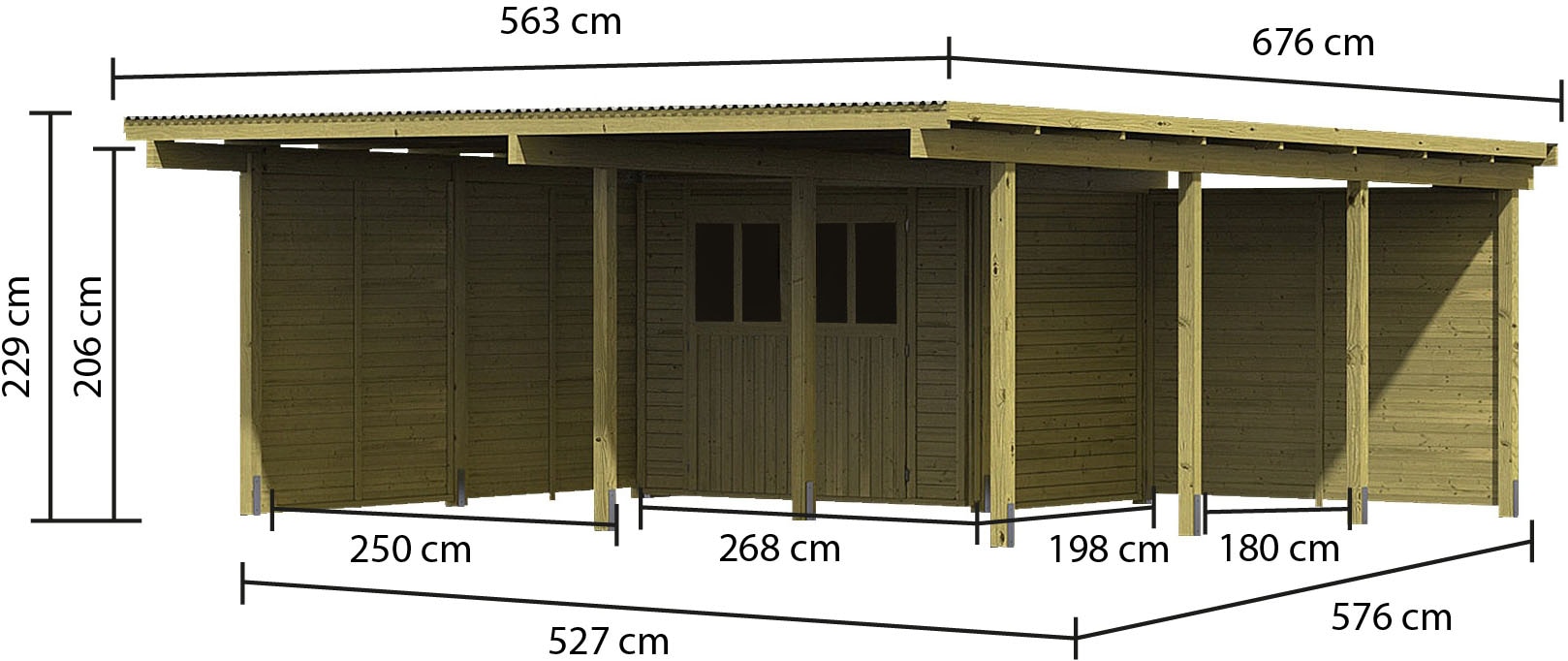 Karibu Doppelcarport »»ECO 2« Variante B, AKTION kdi«, Masivholz, 509 cm, KDI, mit integriertem Abstellraum klein, 2 Seitenwänden und 1 Rückwand