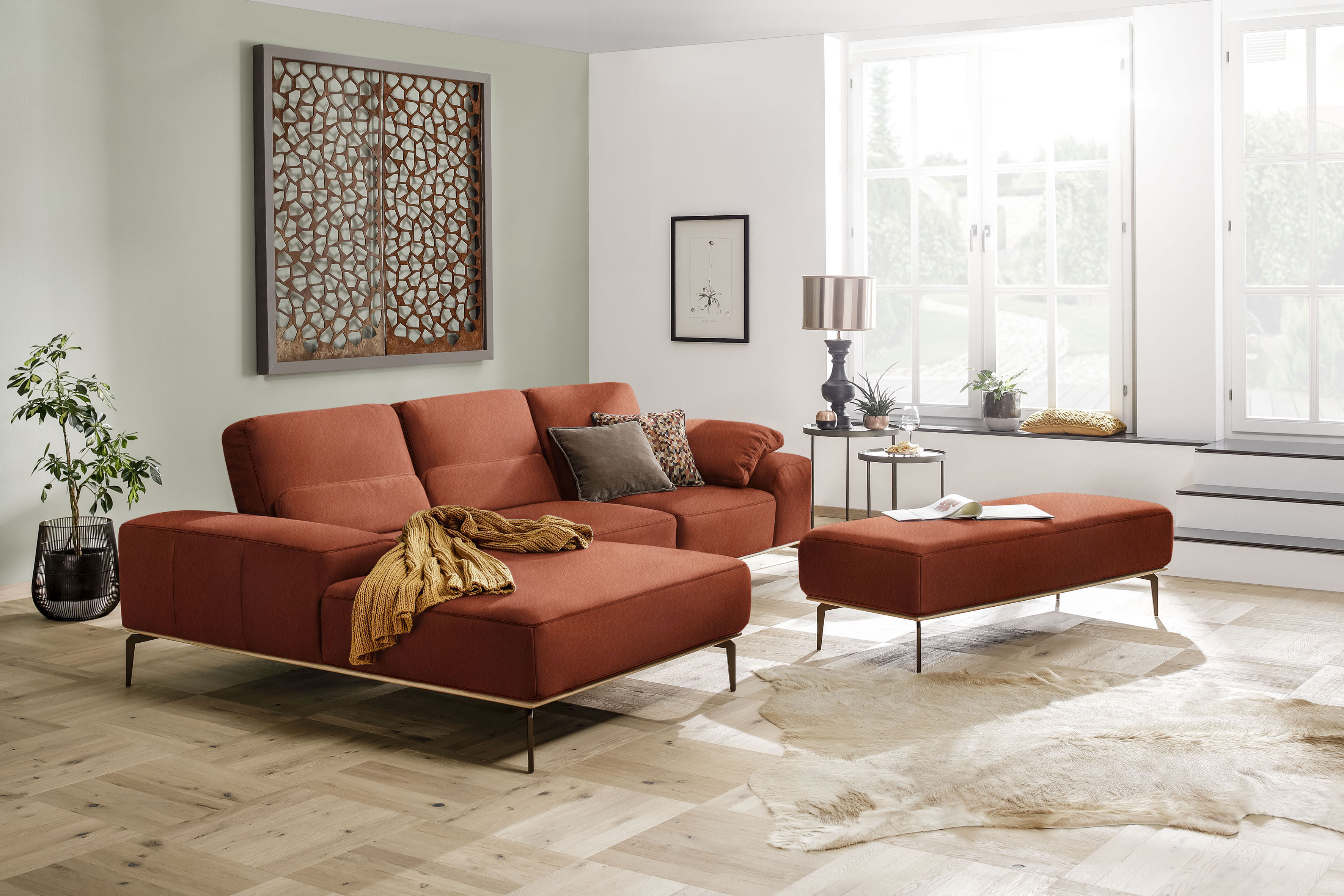 W.SCHILLIG Ecksofa "run, Designsofa mit tollem Sitzkomfort, L-Form" mit Holzsockel, Füße in Bronze pulverbeschichtet, Breite 299 cm