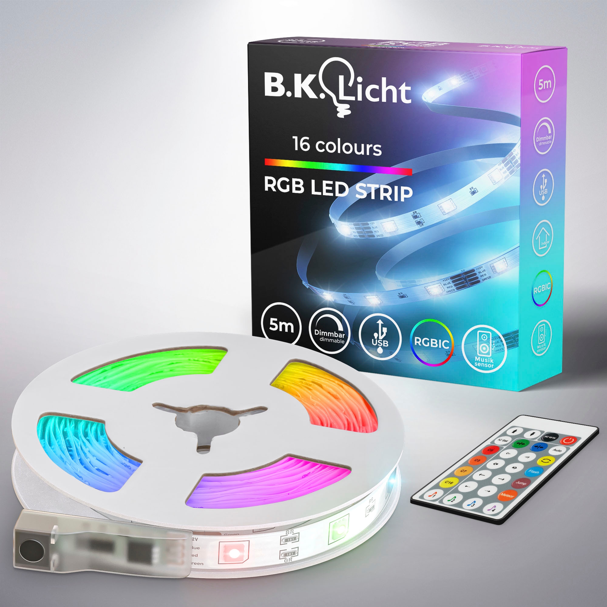 B.K.Licht LED-Streifen »USB RGBIC«, 150 St.-flammig, Lichtleiste, mit Musiksensor, mit Fernbedienung, selbstklebend