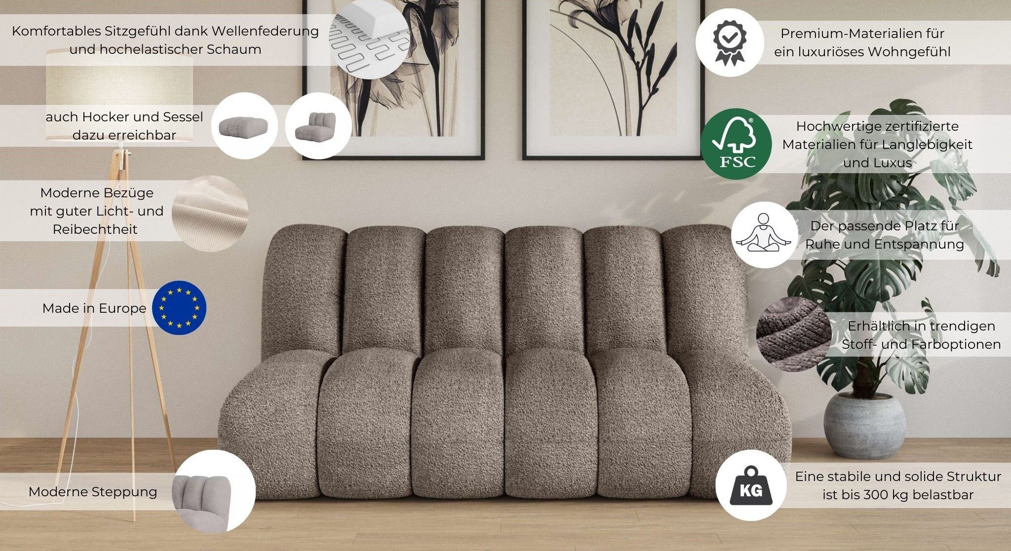 LeGer Home by Lena Gercke 2,5-Sitzer »Priya Designersofa, moderne Steppung, auch in Bouclé«, gemütlich und modern, B/T/H: 185/108/84 cm