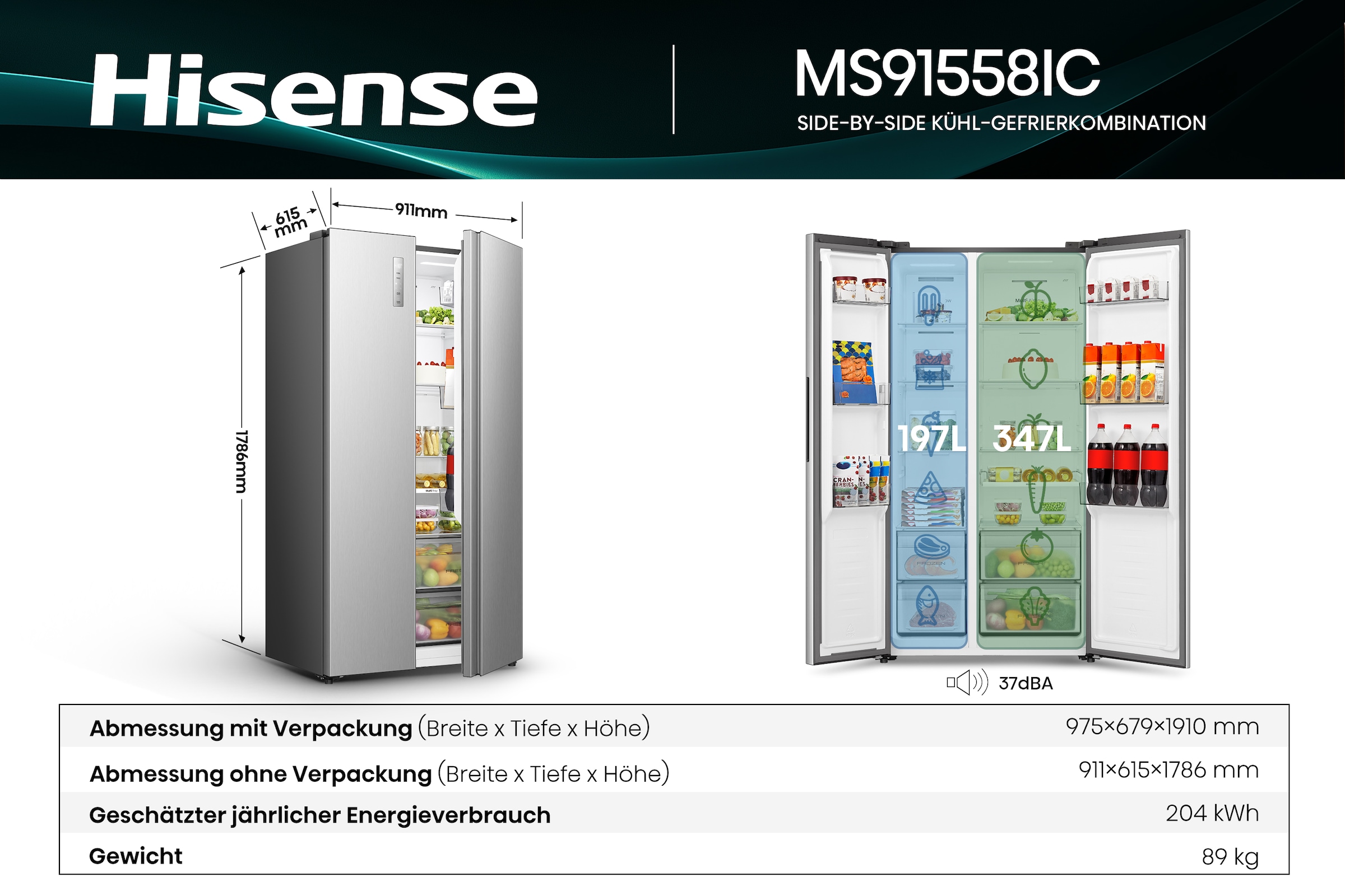 Hisense Side-by-Side »MS91558IC« 178,6 cm hoch 91,1 cm breit MultiAirFlow-System