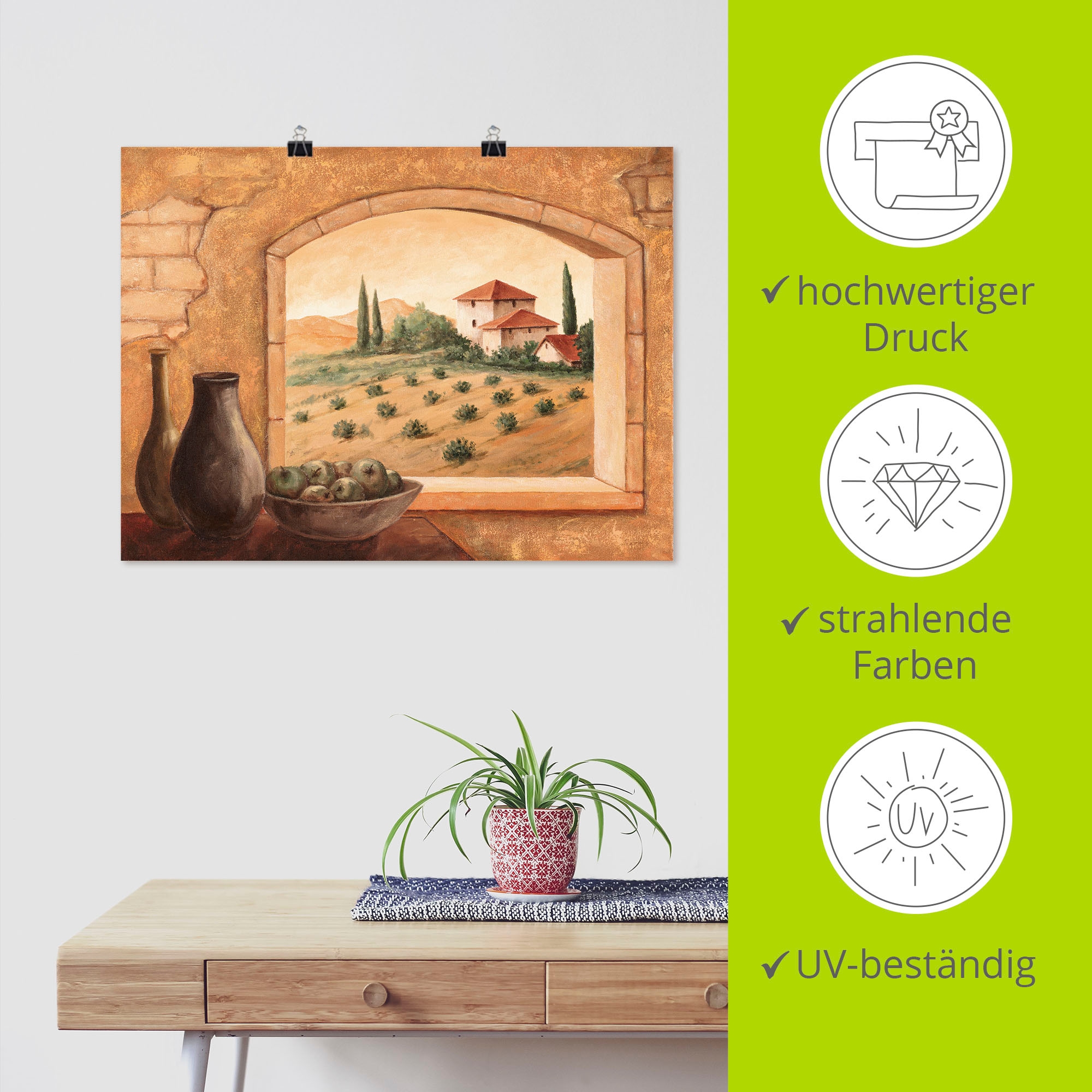 Artland Wandbild »Toskana«, Fensterblick, (1 St.), als Alubild, Outdoorbild, Leinwandbild, Poster in verschied. Größen