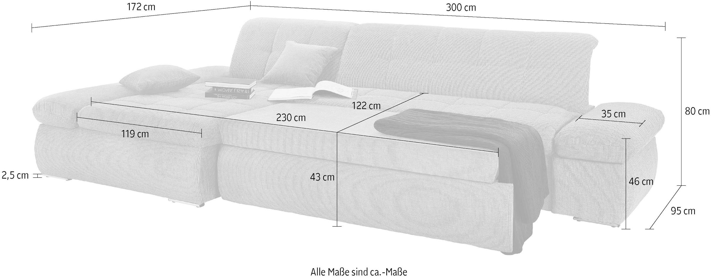 DOMO collection Ecksofa »NMoric XXL, B/T/H: 300/172/80cm, L-Form«, wahlweise mit Bettfunktion und Armlehnverstellung