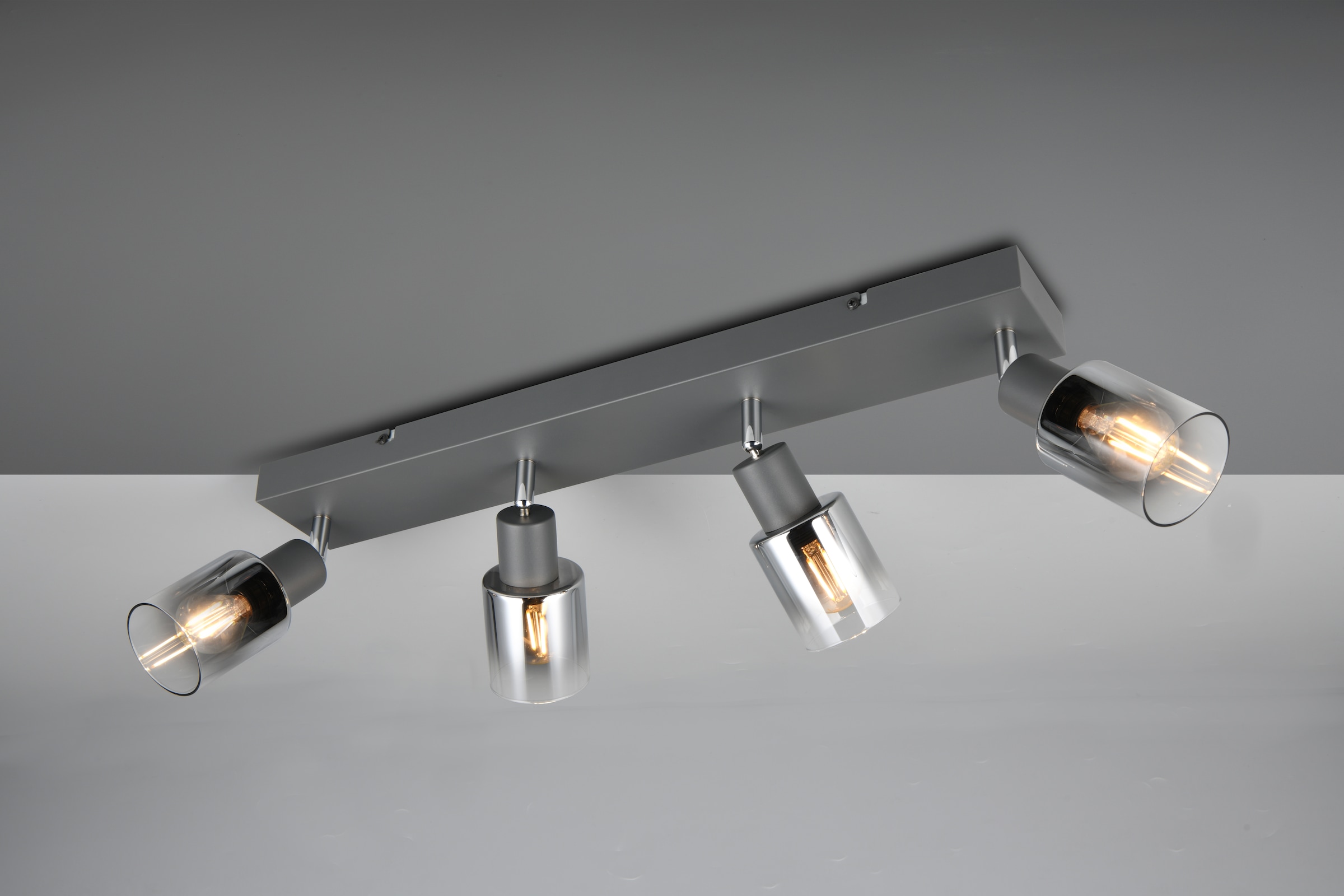 REALITY Leuchten Deckenstrahler »CADIZ, Spot 4-flammig, exkl 4xE14 max 10W, Glas anthrazit, verspiegelt«, 4 flammig, Leuchtmittel E14 | Leuchtmittel wechselbar, verstellbarer Deckenspot E14 Fassung, mit Glasschirm smoke Farbverlauf