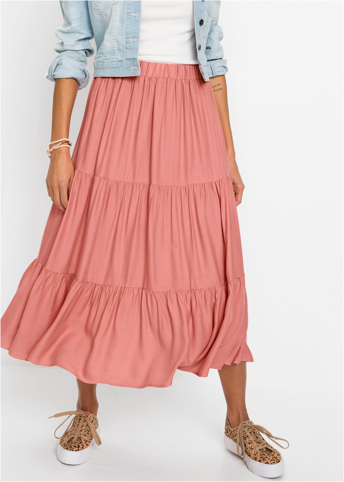 bonprix Volantrock aus Viskose, A-Linie, mit Volants, Midi-Länge günstig online kaufen