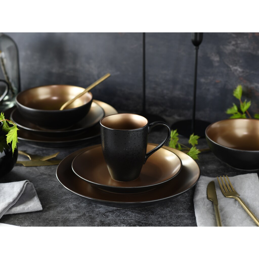 CreaTable Set Stoviglie 12 Pezzi Mandala Gold – Piatti In Gres Nero Con Decorazione Oro, Lavabili In Microonde