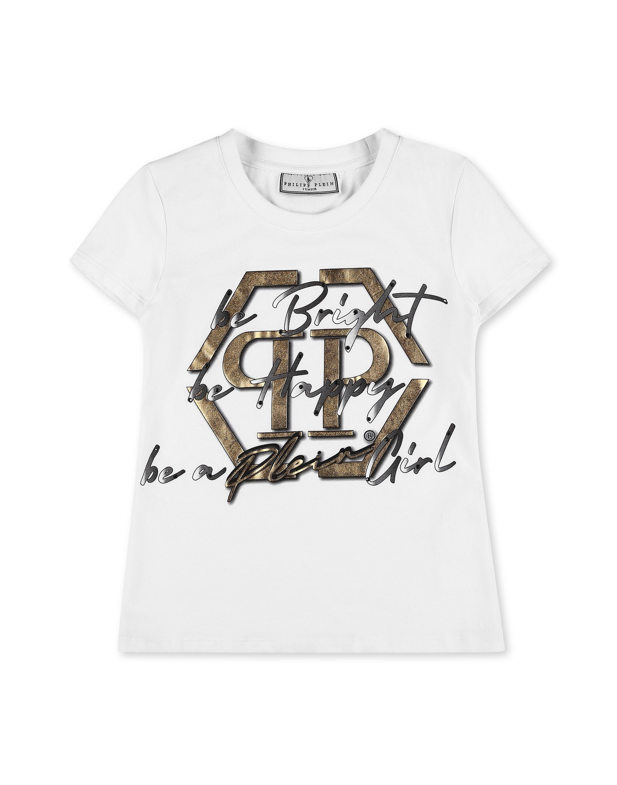 T-Shirt PHILIPP PLEIN "T-Shirt Rundhalsausschnitt Ss", Jungen, Gr. 12, 01, weiß, Obermaterial: 95% Baumwolle, 5% Elasthan, Shirts T-Shirt