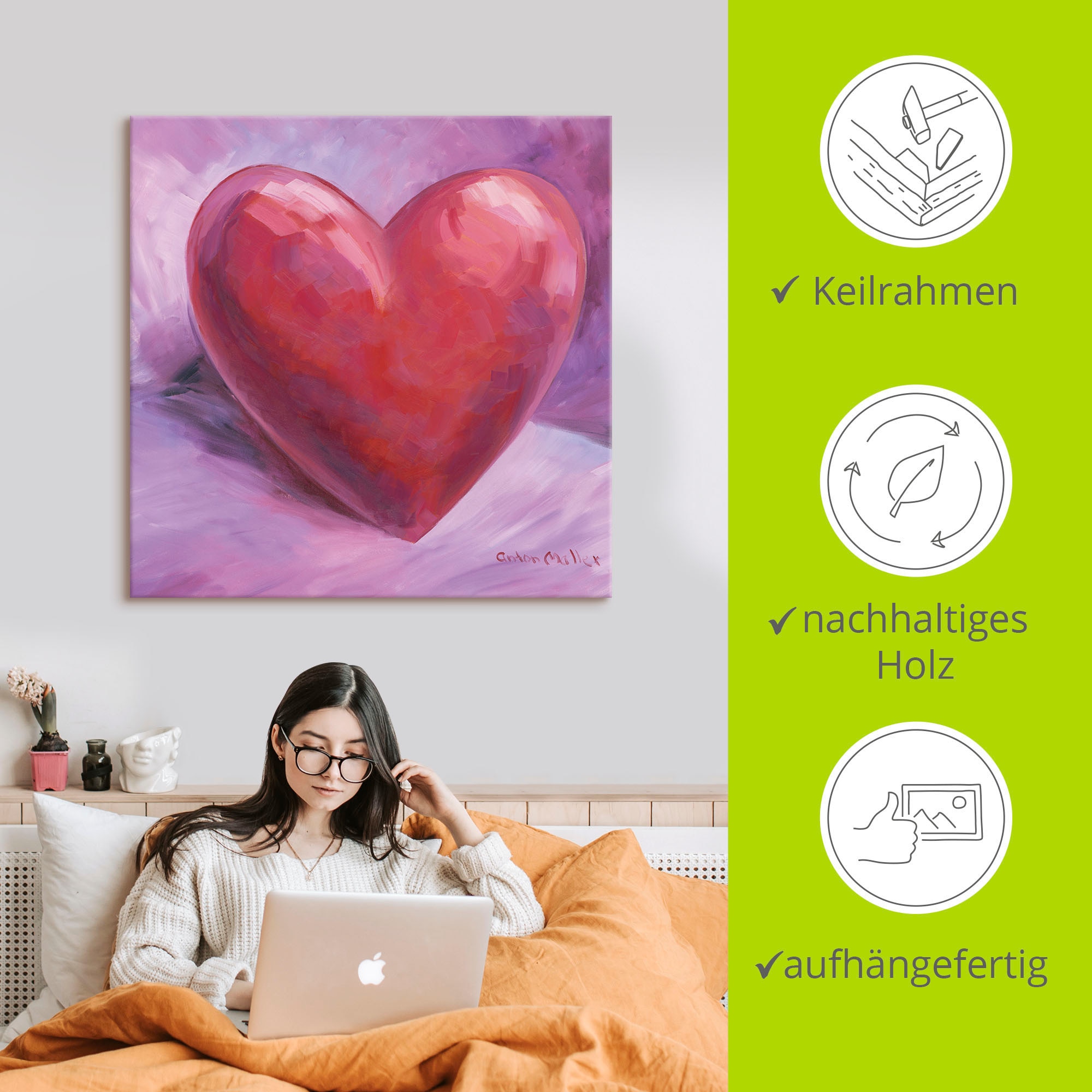 Artland Wandbild »Lila Herz«, Herzen, (1 St.), als Leinwandbild, Poster in verschied. Größen