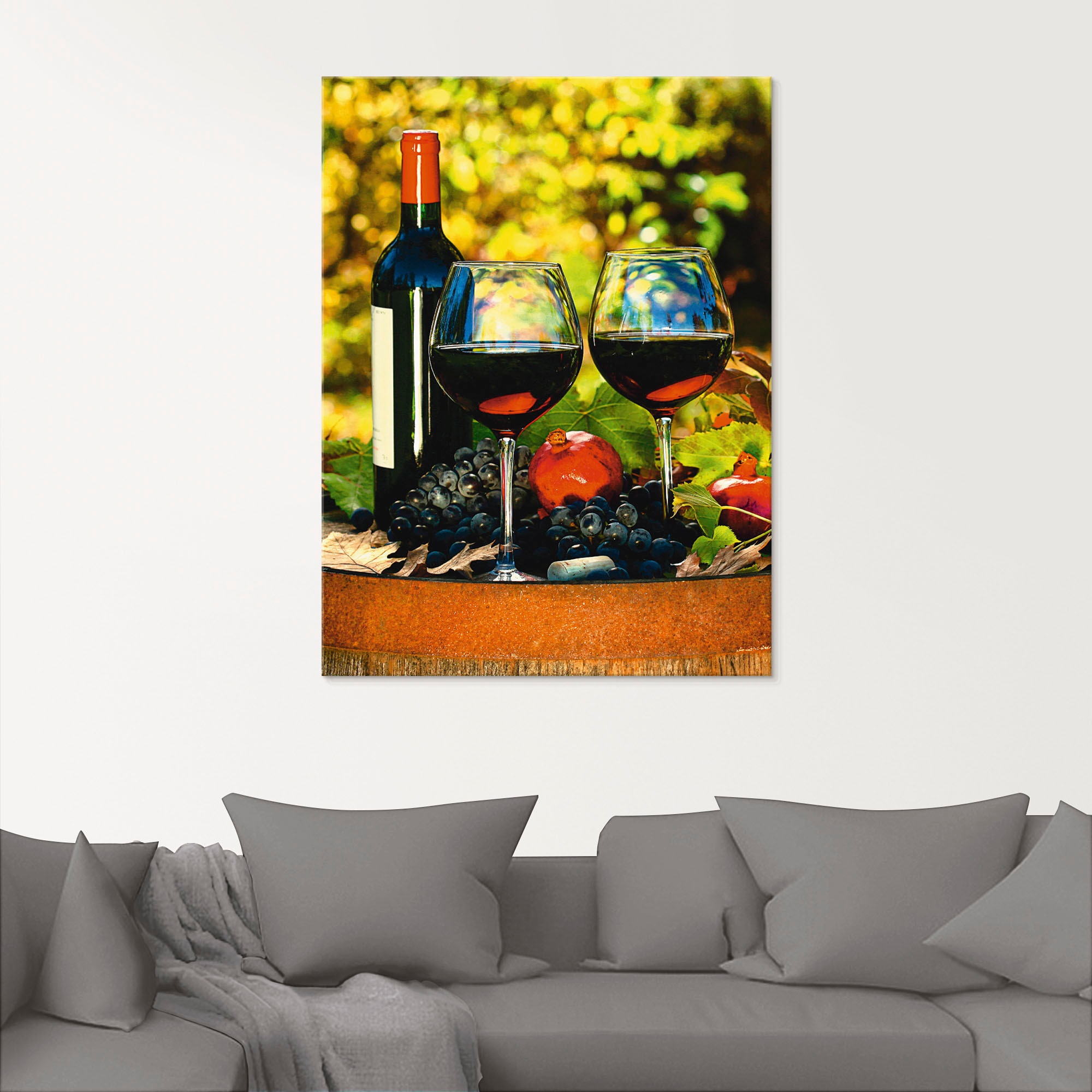 Artland Glasbild »Gläser Rotwein auf altem Fass«, Getränke, (1 St.), in verschiedenen Größen
