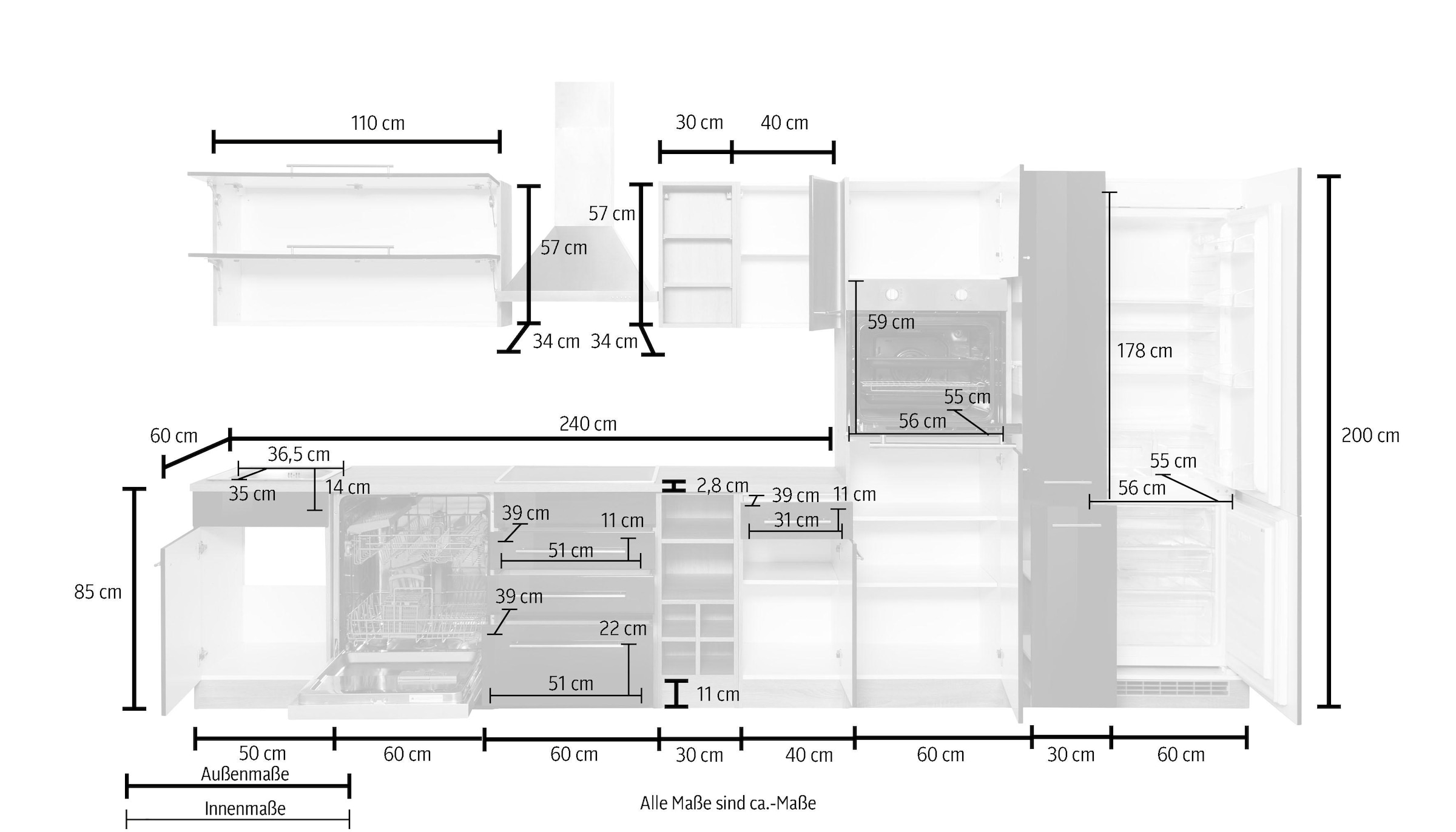 KOCHSTATION Küchenzeile »KS-Eton«, mit E-Geräten, Breite 390 cm