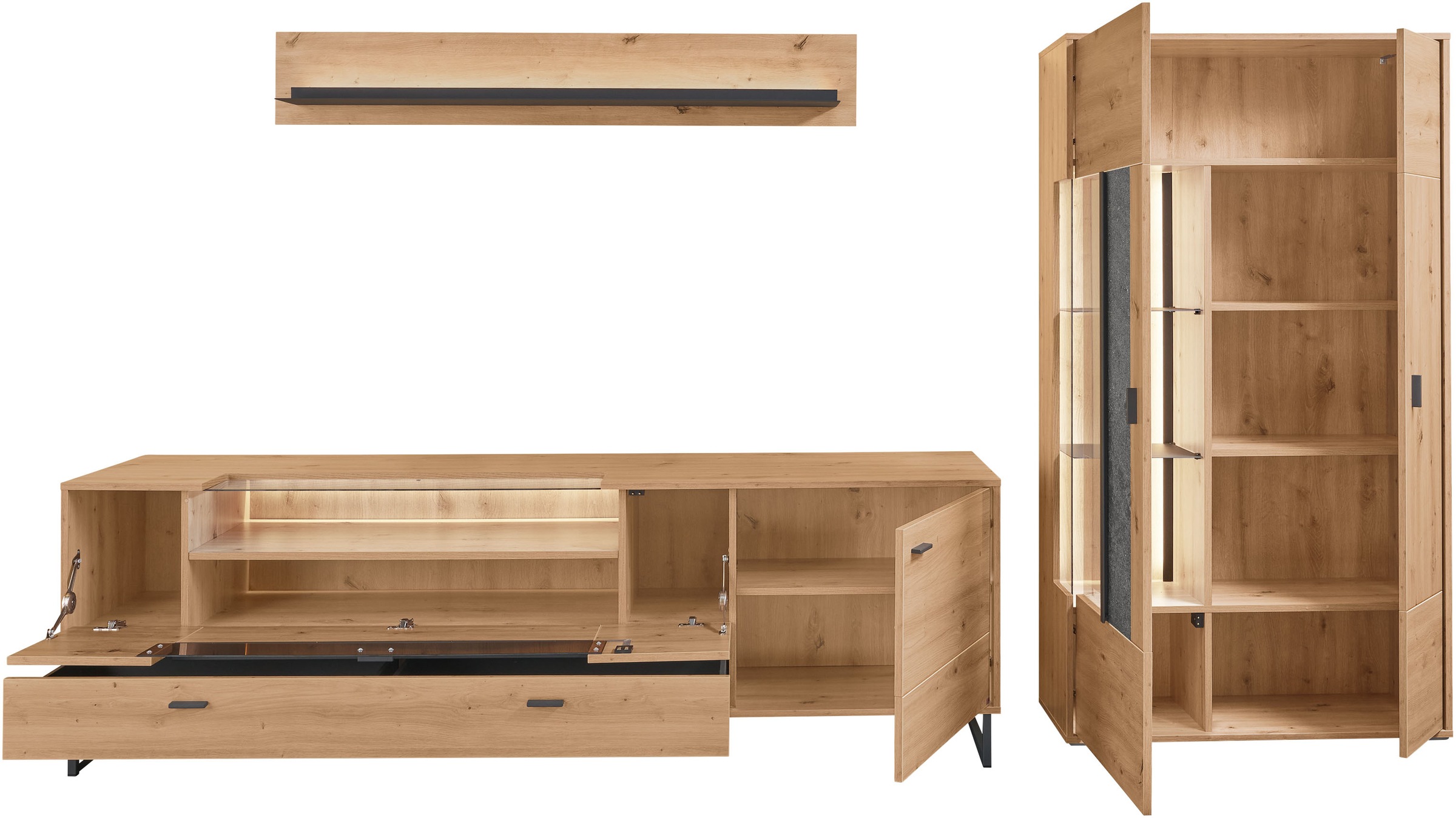 set one by Musterring TV-Wand »Deltona«, (3 St.), Zierelemente aus Sandstein, inkl. Beleuchtung, Gesamtbreite ca. 317 cm