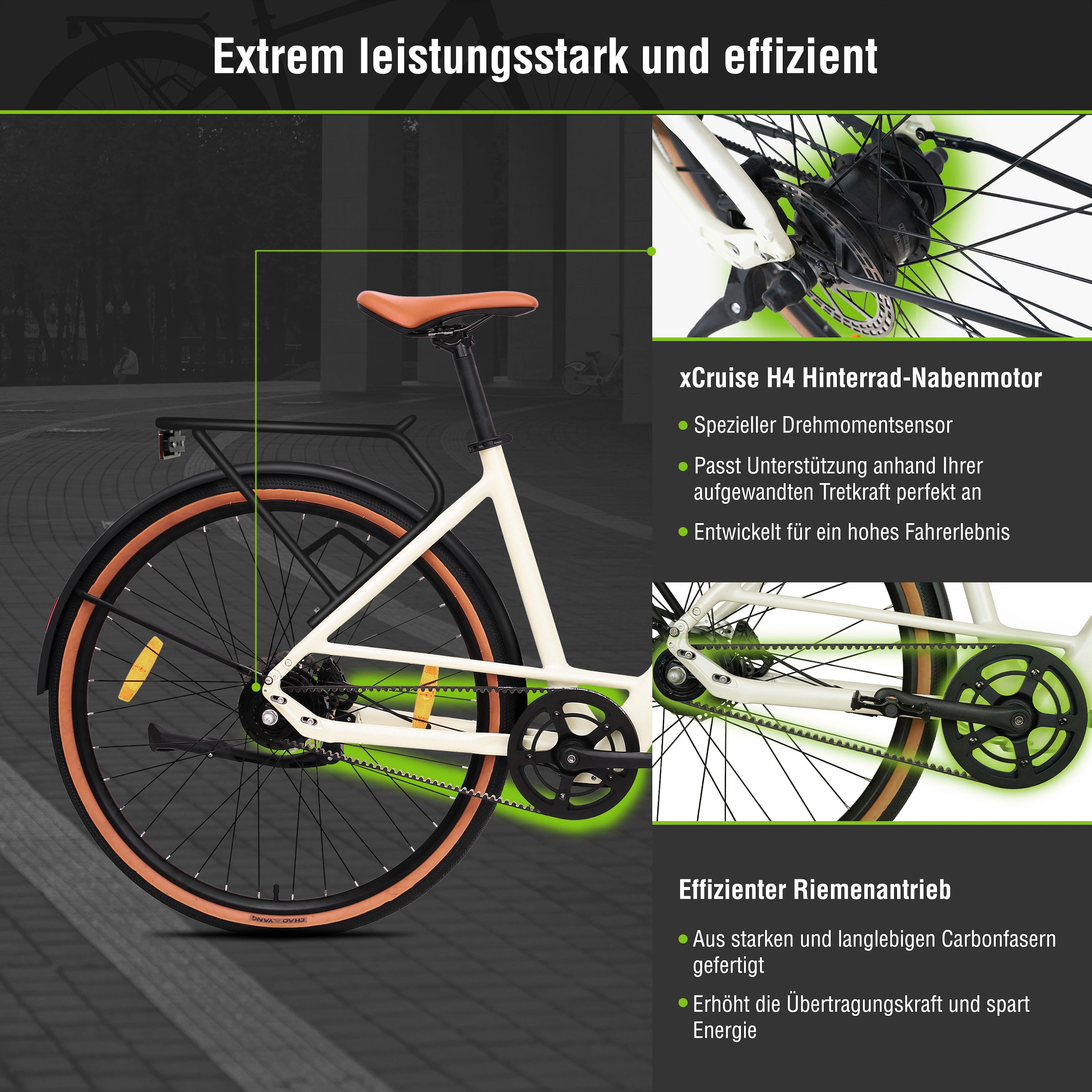 SachsenRad »C3V Roma II« 1 Gang ohne Schaltung Heckmotor 250 W leichte 16 kg, ohne Gepäckträger und Schutzblech,  KI-Unterstützung, Riemenantrieb, Tiefeinsteiger, Alarmanlage