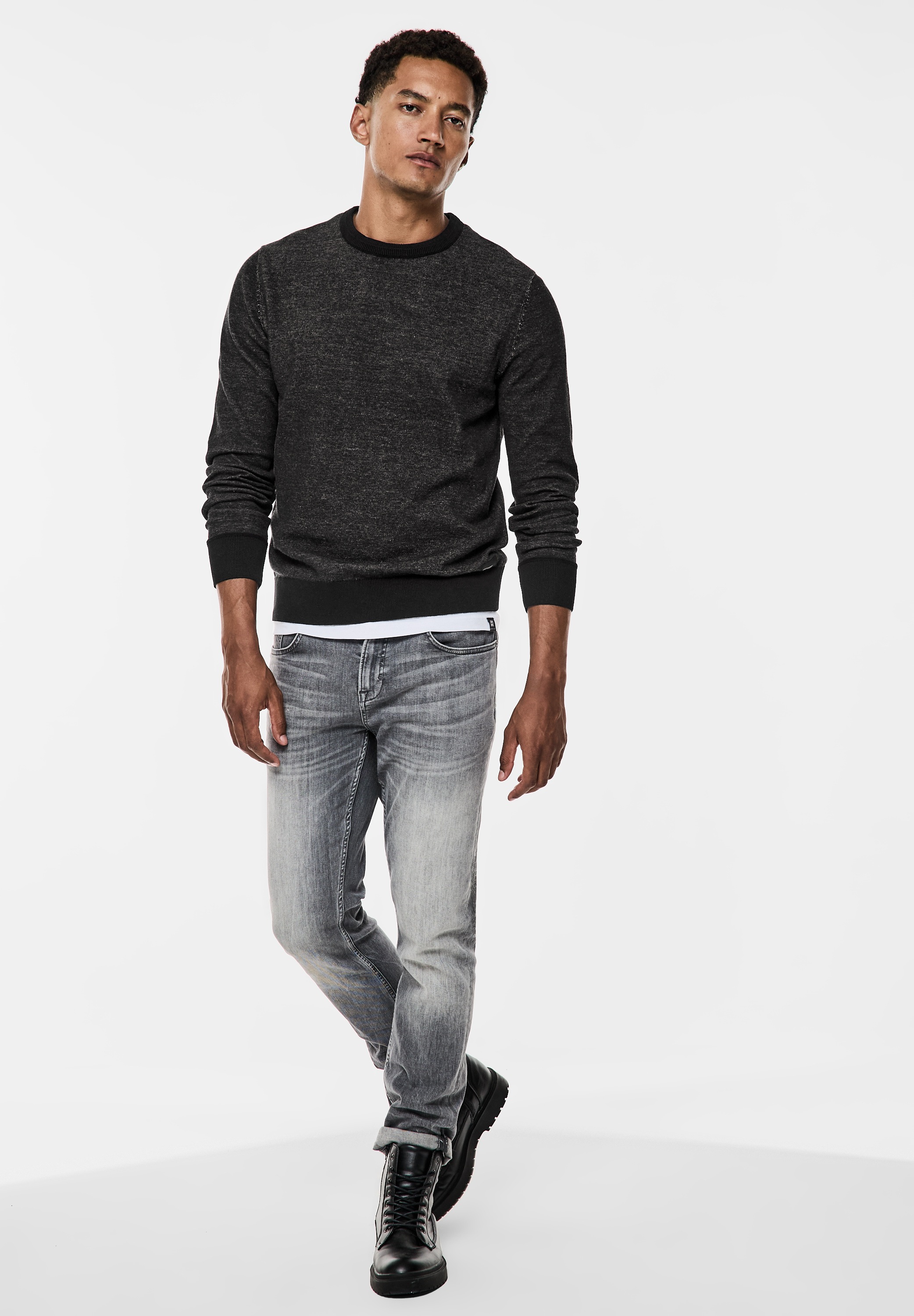STREET ONE MEN Rundhalspullover, in Melange Optik