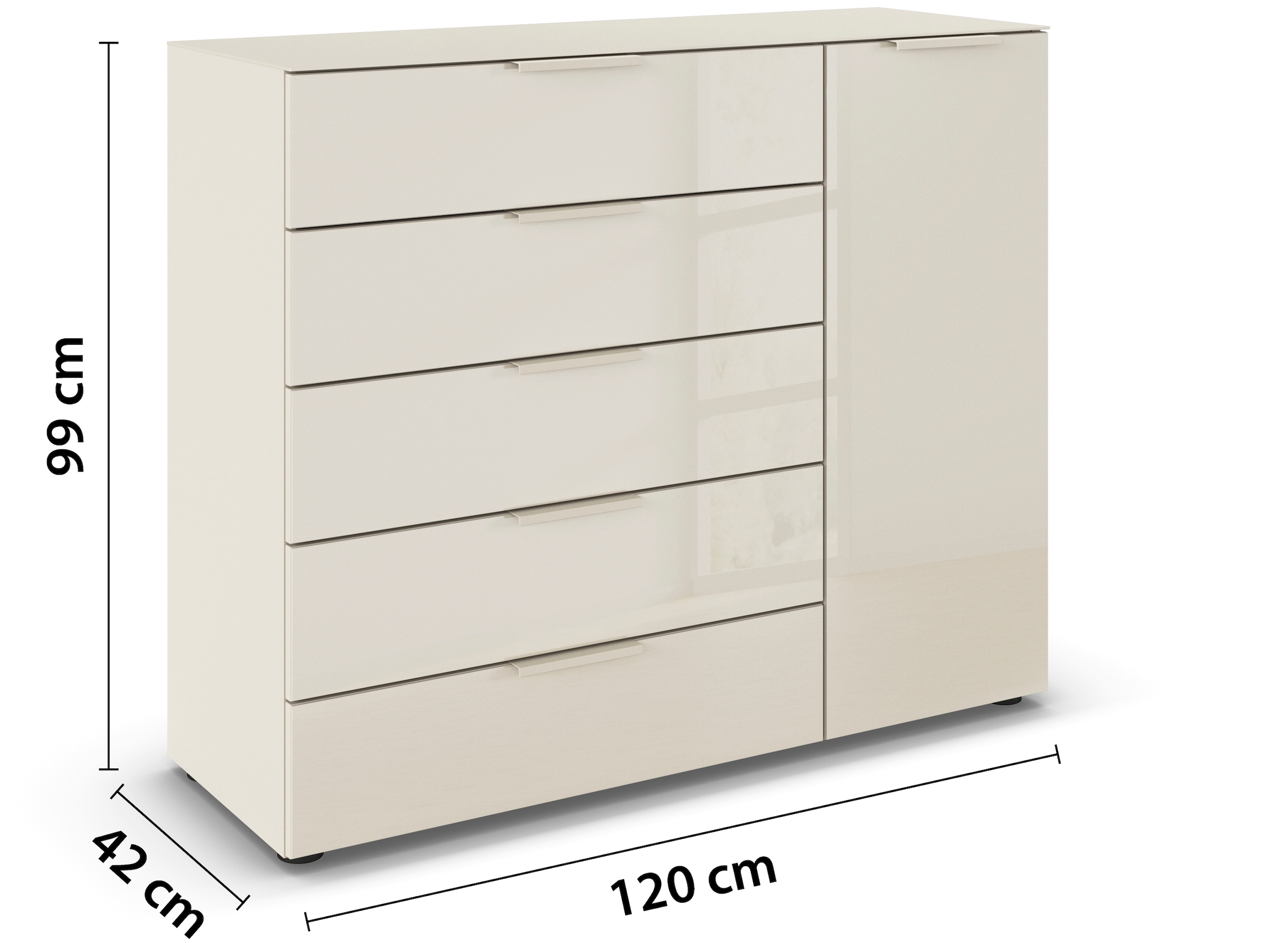 rauch Schubkastenkommode »Kommode Türkommode Sideboard Kombikommode FLIPP mit Glasfront«, (Breite 120 cm mit 2 Einlegeböden), 1-türig, 5 Schubladen, Soft-Close-Funktion, Oberboden und Front Glas
