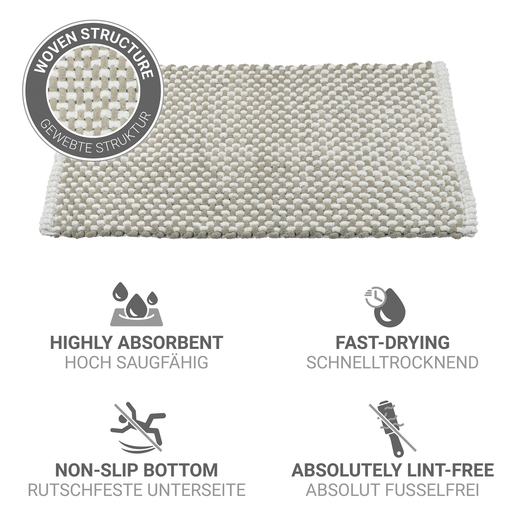 Thumbnail - WENKO Badematte "Covelo" Höhe 20 mm rutschhemmend beschichtet mit Webstruktur, fusselfrei, hohe Feuchtigkeitsaufnahme