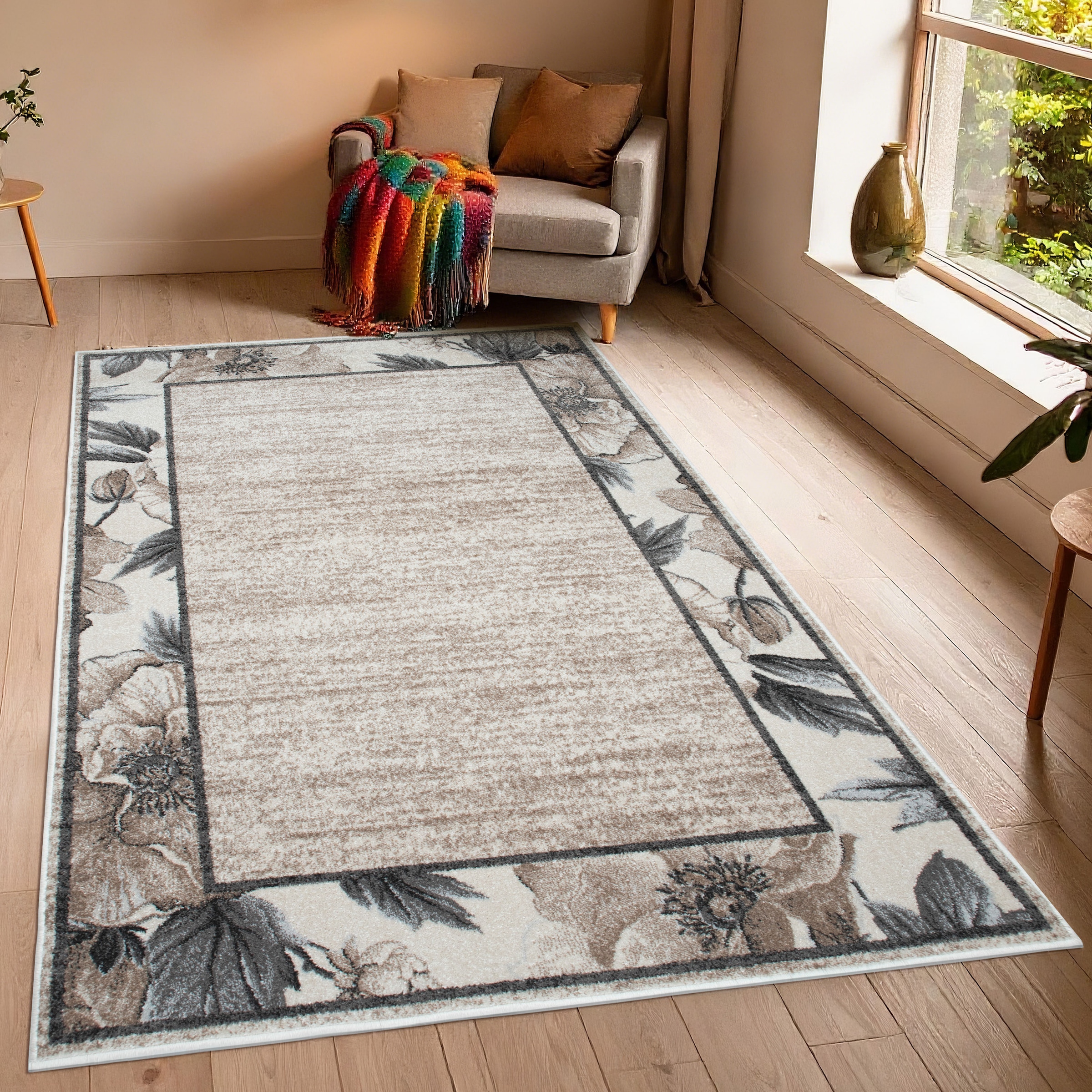 OTTO home Teppich »Florent mit Rahmen, Blumen Design« rechteckig 9 mm Höhe Floral, detailreiche Blüten, meliert, elegant, Wohnzimmer