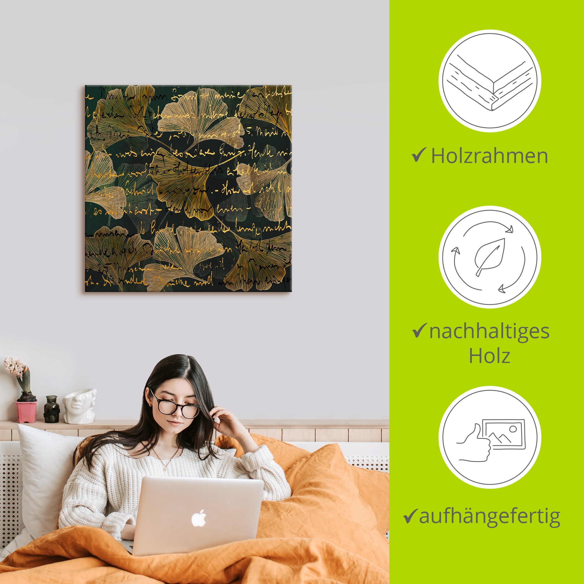 Wandbild ARTLAND "Ginko", farbe bild(er): gold, B:100cm H:100cm, Bilder, als Alubild, Leinwandbild, Poster, Wandaufkleber in verschied. Größen 2