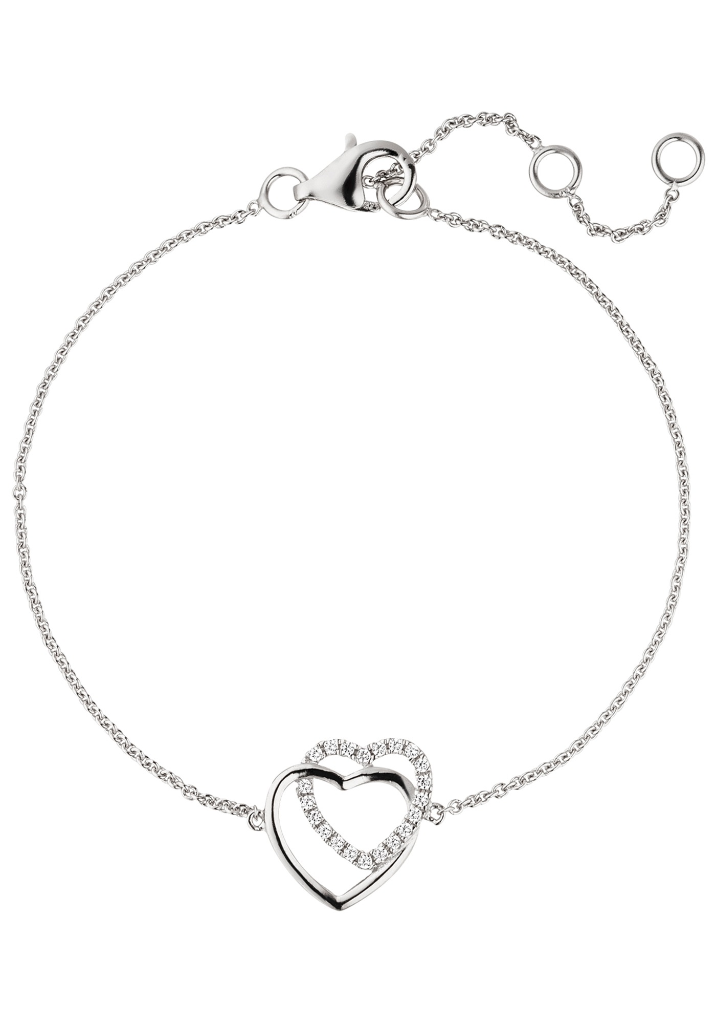 Silberarmband JOBO "Armband Zwei Herzen", silber 925, Armbänder, Damen, 18,5cm, Silber 925 (Sterlingsilber), Silberarmband, 925 Silber rhodiniert mit 21 Zirkonia 18,5 cm