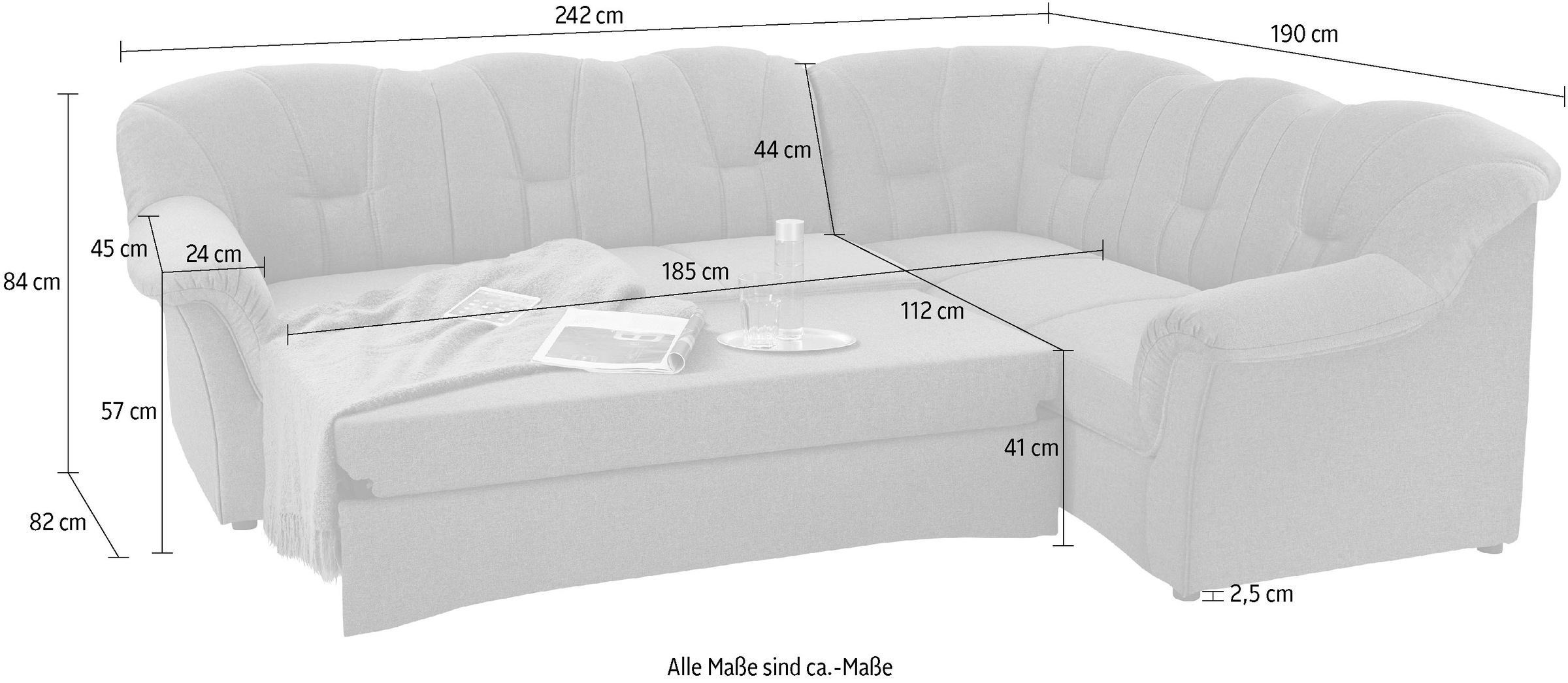 DOMO collection Ecksofa »Papenburg B/T/H: 242/190/84 cm L-Form«, wahlweise mit Bettfunktion, Langer Schenkel links oder rechts