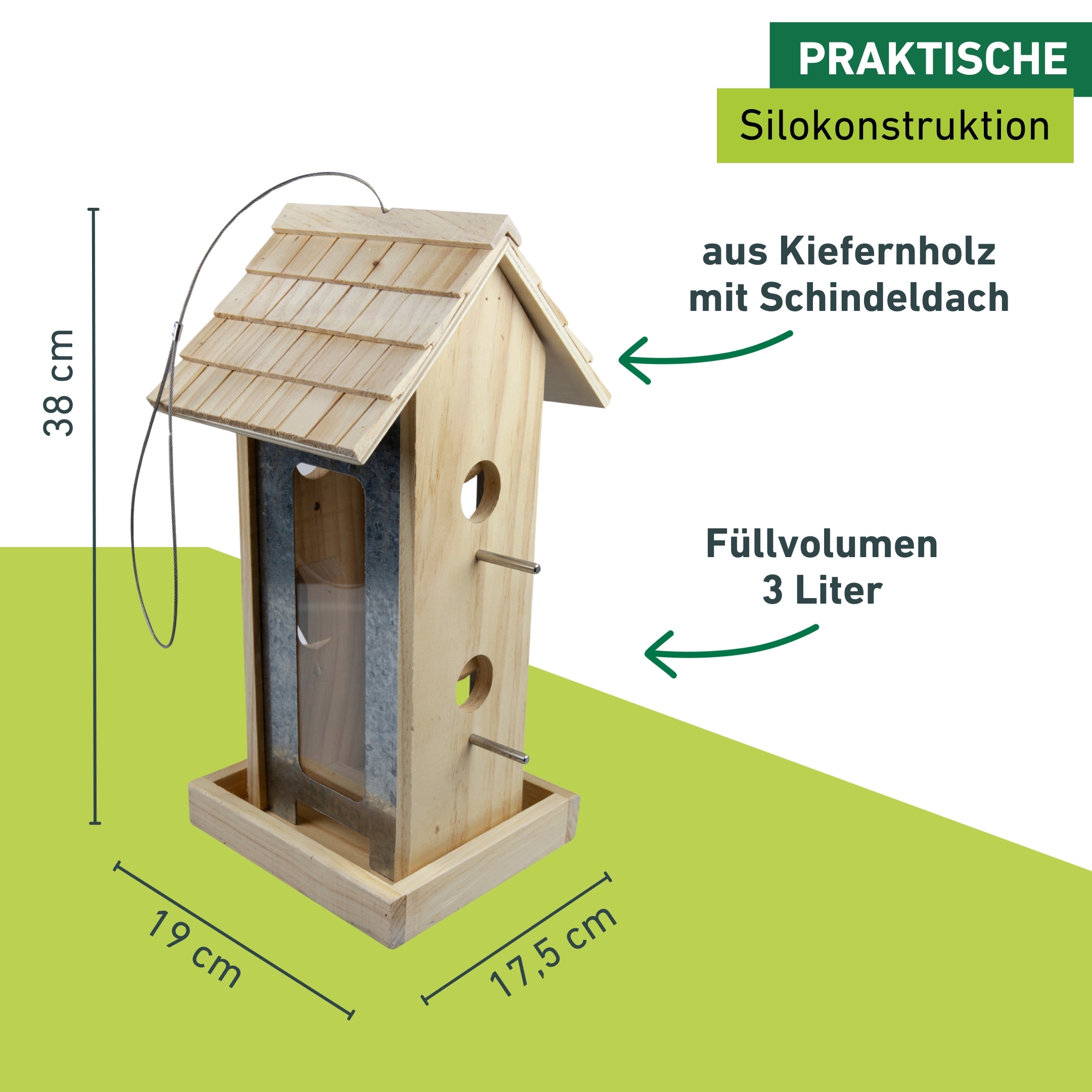 Windhager Vogelhaus »Country, Futterspender aus Kiefernholz, mit Schindeldach« Futterstation inkl. Aufhängung, Füllmenge ca. 3 L, 17,5x19x38 cm