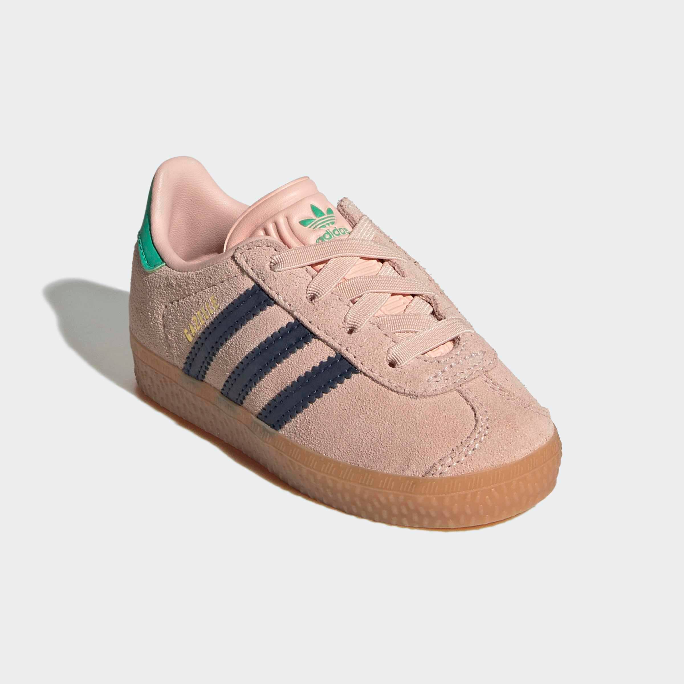 Sneaker ADIDAS ORIGINALS "GAZELLE COMFORT CLOSURE ELASTIC LACES KIDS", Kinder, Gr. 25, blush pink, night indigo, hi, res grün, Leder, Synthetik, Schuhe Sneaker, für Kinder
