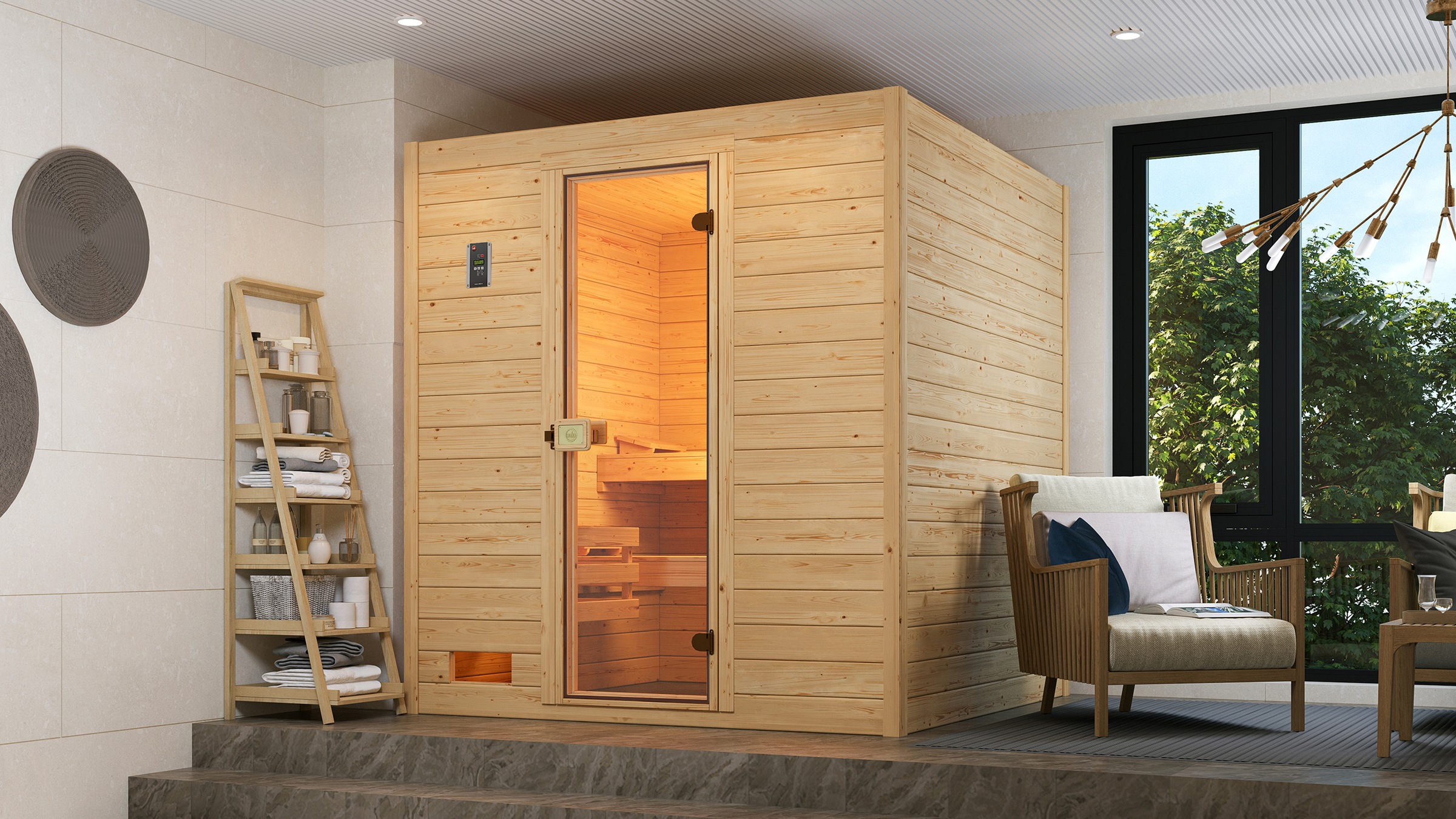 weka Sauna »Massivholzsauna VALIDA 3«, Blockbohlen, moderne Ganzglastür