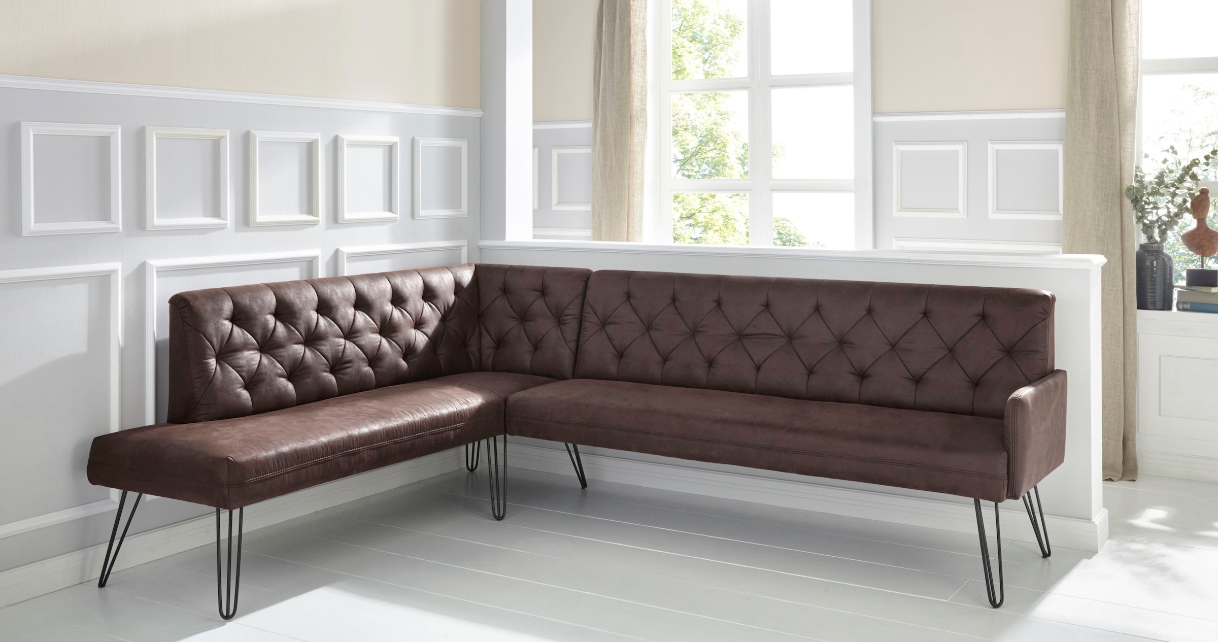 exxpo - sofa fashion Eckbank "Doppio, Chesterfield Optik, komfortabel und bequem, hohe Designfüße", Frei im Raum stellba