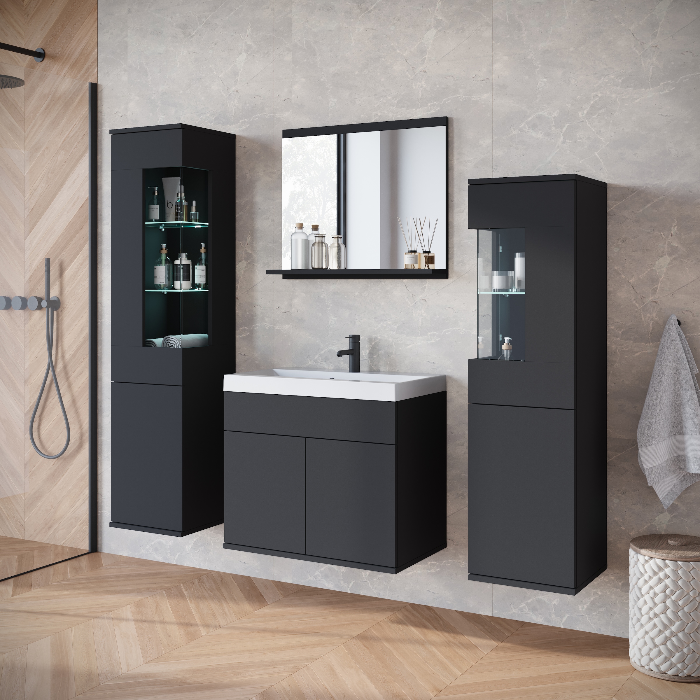 INOSIGN Badmöbel-Set »Kenia«, (Set, 5 St.), Modernes Badmöbel-Set mit viel Stauraum und Glaseinsatz