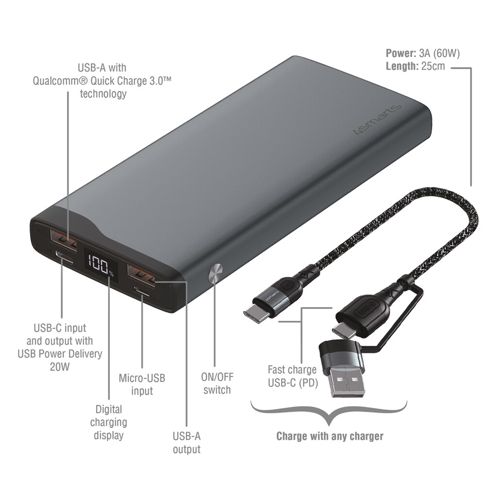 4smarts Powerbank »VoltHub Pro 10000mAh«, 4smarts Powerbank VoltHub Pro 10000mAh QuickCharge PD gunmetal, 10000 mAh