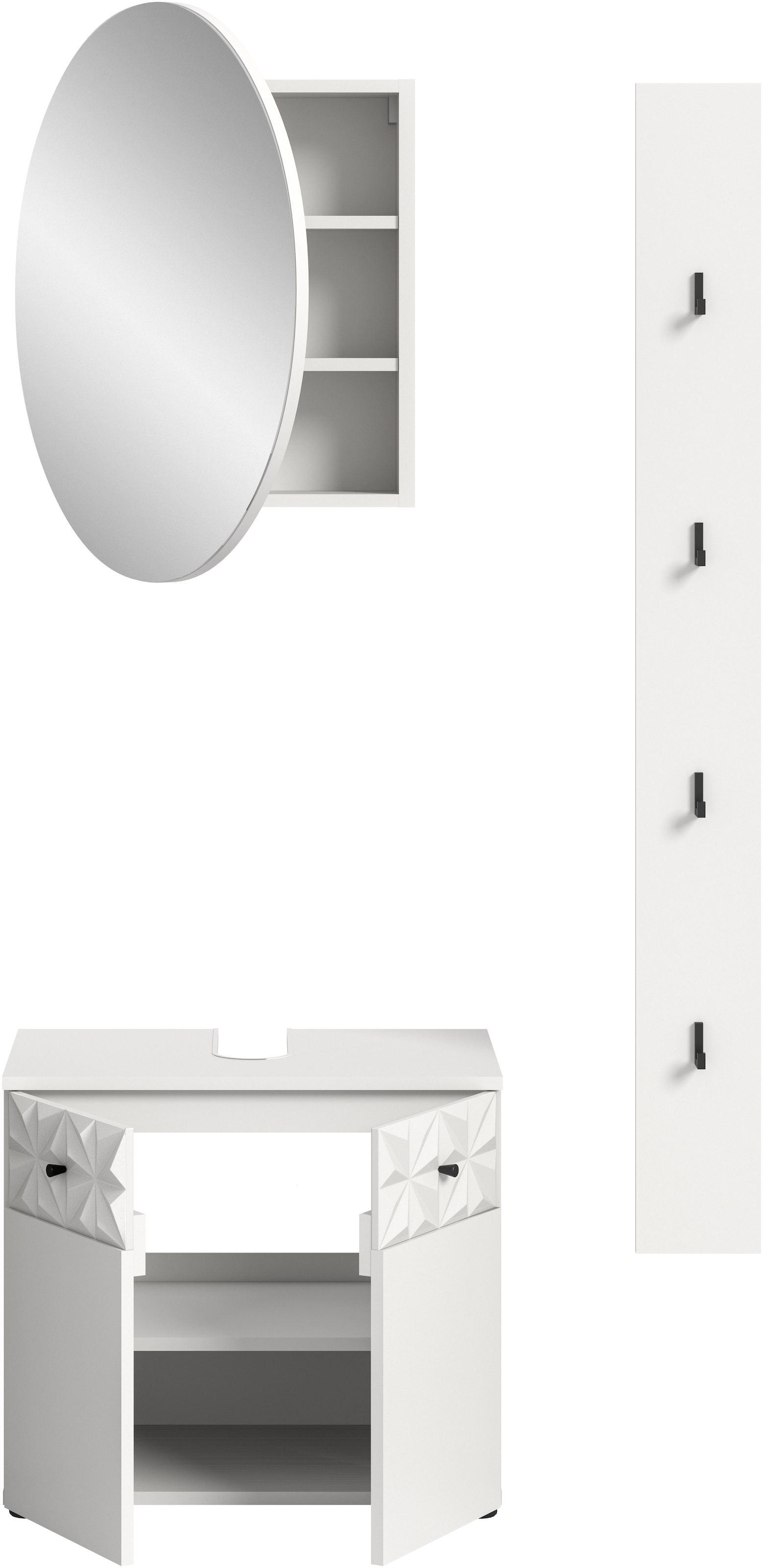 INOSIGN Badezimmer-Set »VICENZA, TOPSELLER!, Breite 91cm, 3-teilig, mit Ornamentabsetzung«, (best. aus: Waschbeckenunterschrank, Spiegelschrank und Hakenleiste), Waschbeckenunterschrank, Spiegelschrank und Hakenleiste