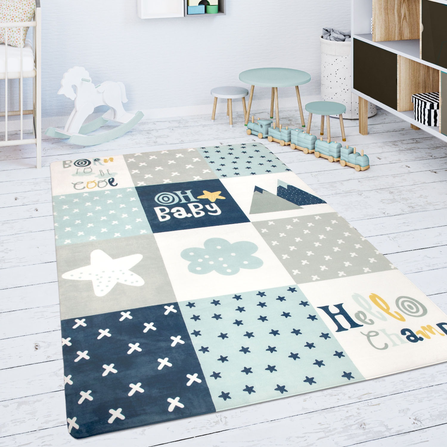 Paco Home Kinderteppich »Chicos 554«, rechteckig, 2 mm Höhe, Flachgewebe, mit Schriftzug & Regenbogen oder Sternen, Pastell-Farben