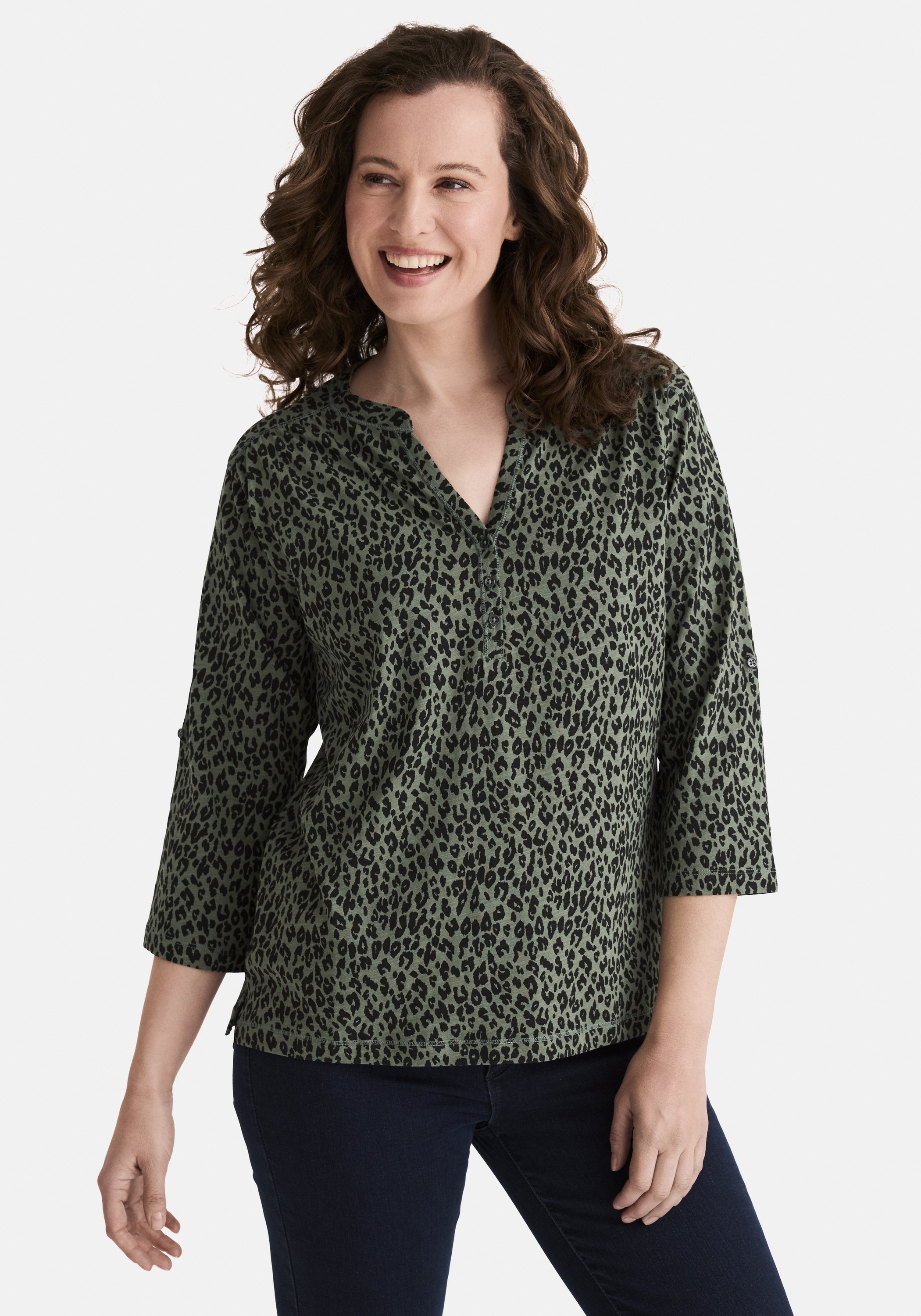 STOOKER WOMEN Damen 3/4-Arm-Shirt "MARIE Print Shirt Bluse 3/4-Arm", grün, Gr. M, Jersey, 100% Baumwolle, Shirts, Regular Fit Shirt Bluse Baumwolle