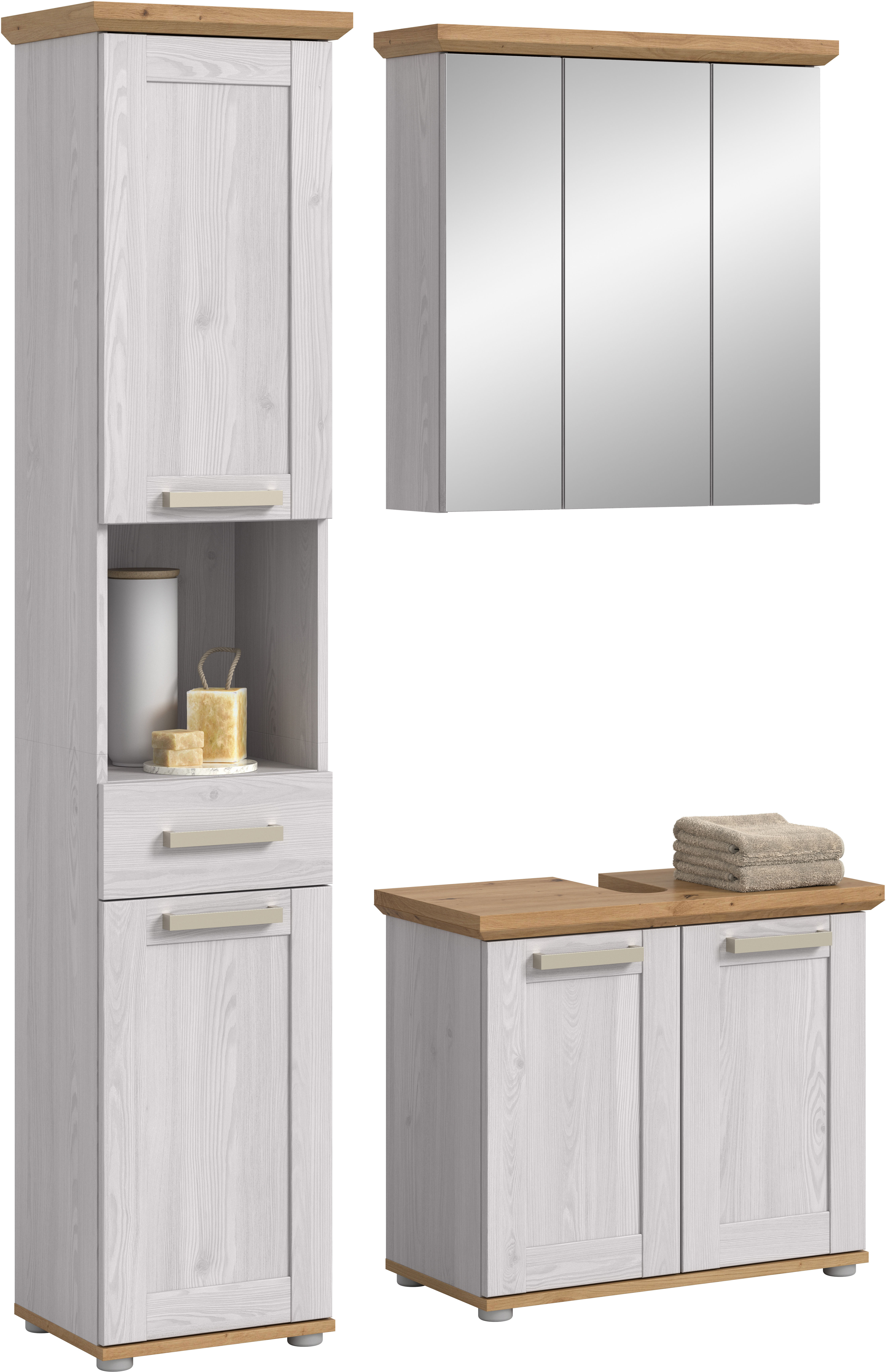 welltime Badmöbel-Set "COSENZA, 3-teilig, in Landhausoptik, mit farblich abgesetztem Kranz" best. aus: Hochschrank, Spiegelschrank und Waschbeckenunterschrank, 3 Stk. tlg.