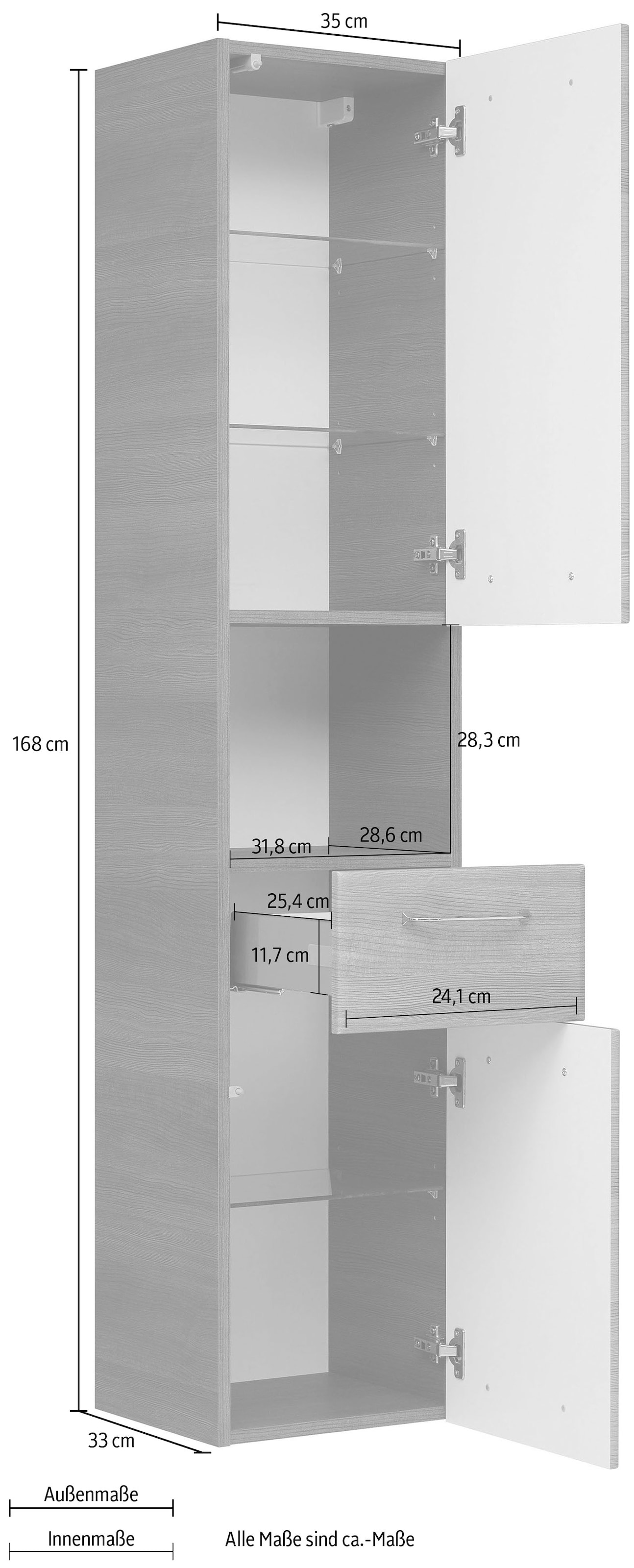 PELIPAL Hochschrank »Quickset«, Breite 35 cm, Höhe 168 cm, Glaseinlegeböden,  Türdämpfer bestellen | BAUR