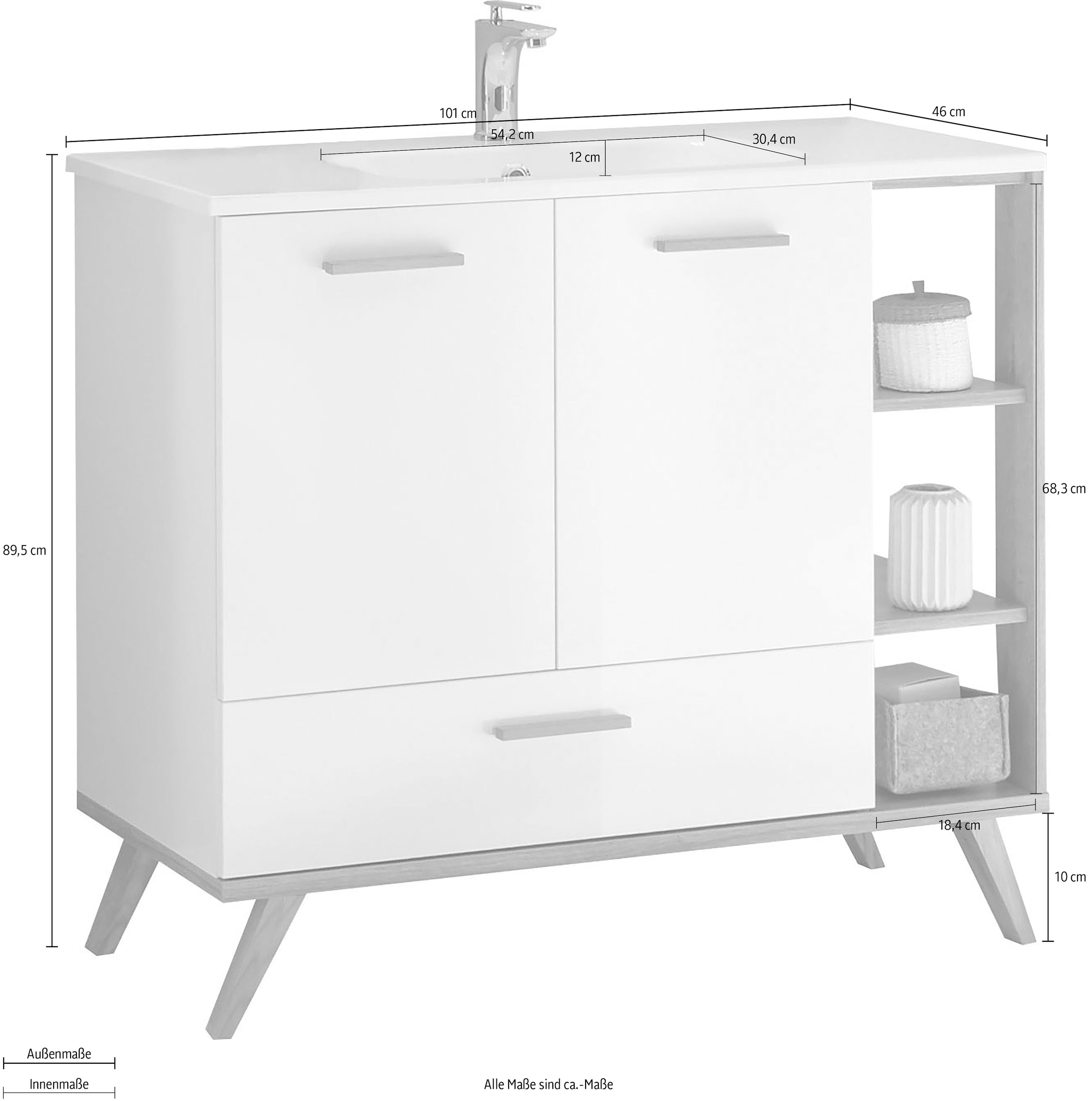 Saphir Waschtisch »Quickset Mineralmarmor-Waschtisch mit Unterschrank, 101 cm breit«, Wachplatz, inkl. Türdämpfer, 2 Türen, 1 Schublade, seitliches Fach
