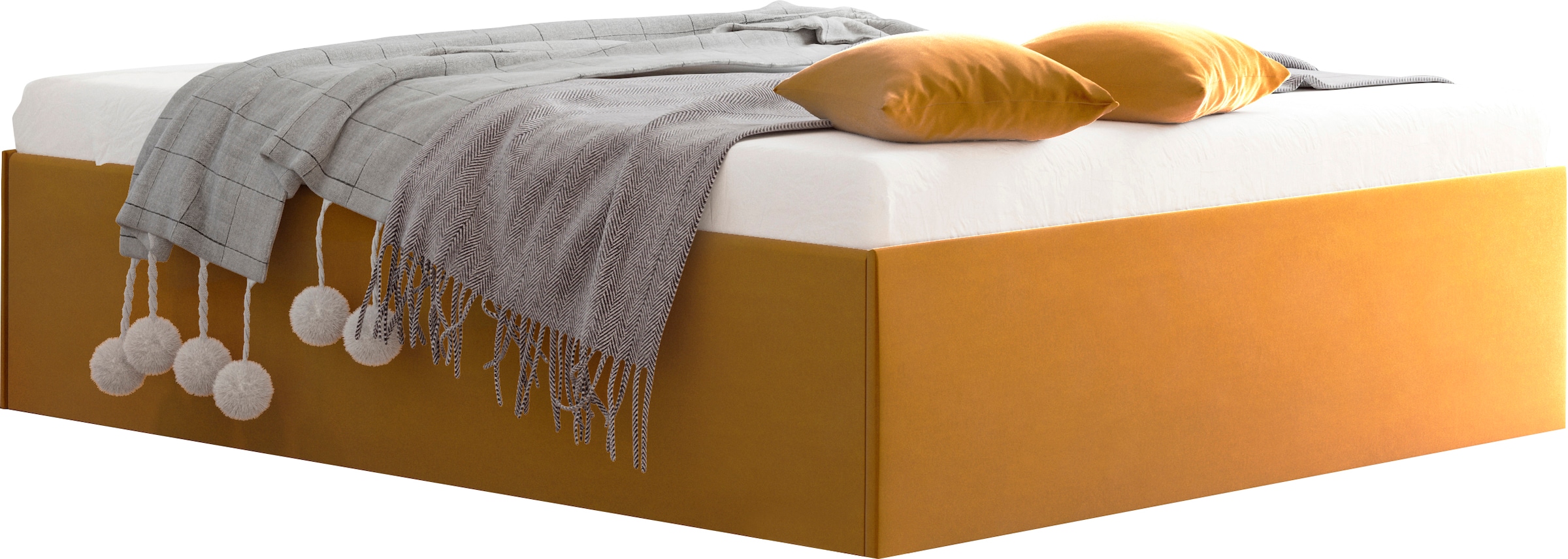 Polsterbett "Amrum", gelb (sonnengelb), B:205cm L:205cm, Bezug Glanzvelours, 100% Polyester, Polsterung 100% Polyester, Gestell Holzwerkstoff, WESTFALIA SCHLAFKOMFORT, Betten, Polsterbett, in Samtvelours ohne Kopfteil, mit und ohne Bettkasten erhältlich