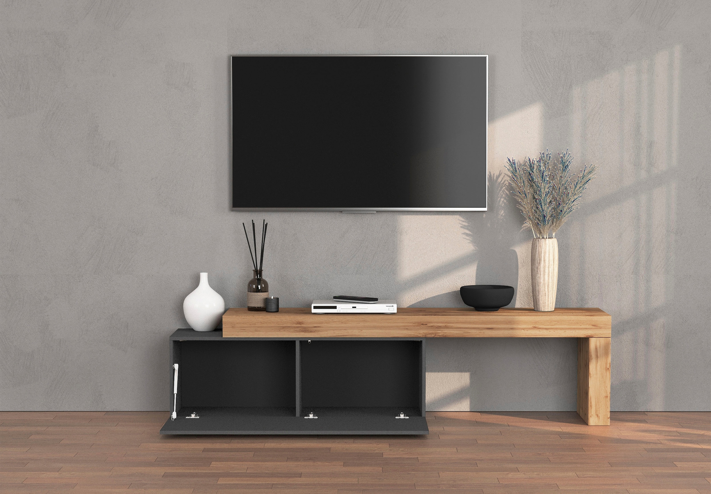 OTTO home Lowboard »Chronos TV-Board, T-Schrank« Breite verstellbar von 180 bis 290 cm, 1 Stk. tlg. Breite 240 cm TV-Board,Lowboard,1 Klappe und ein L-Förmiger Aufsatz